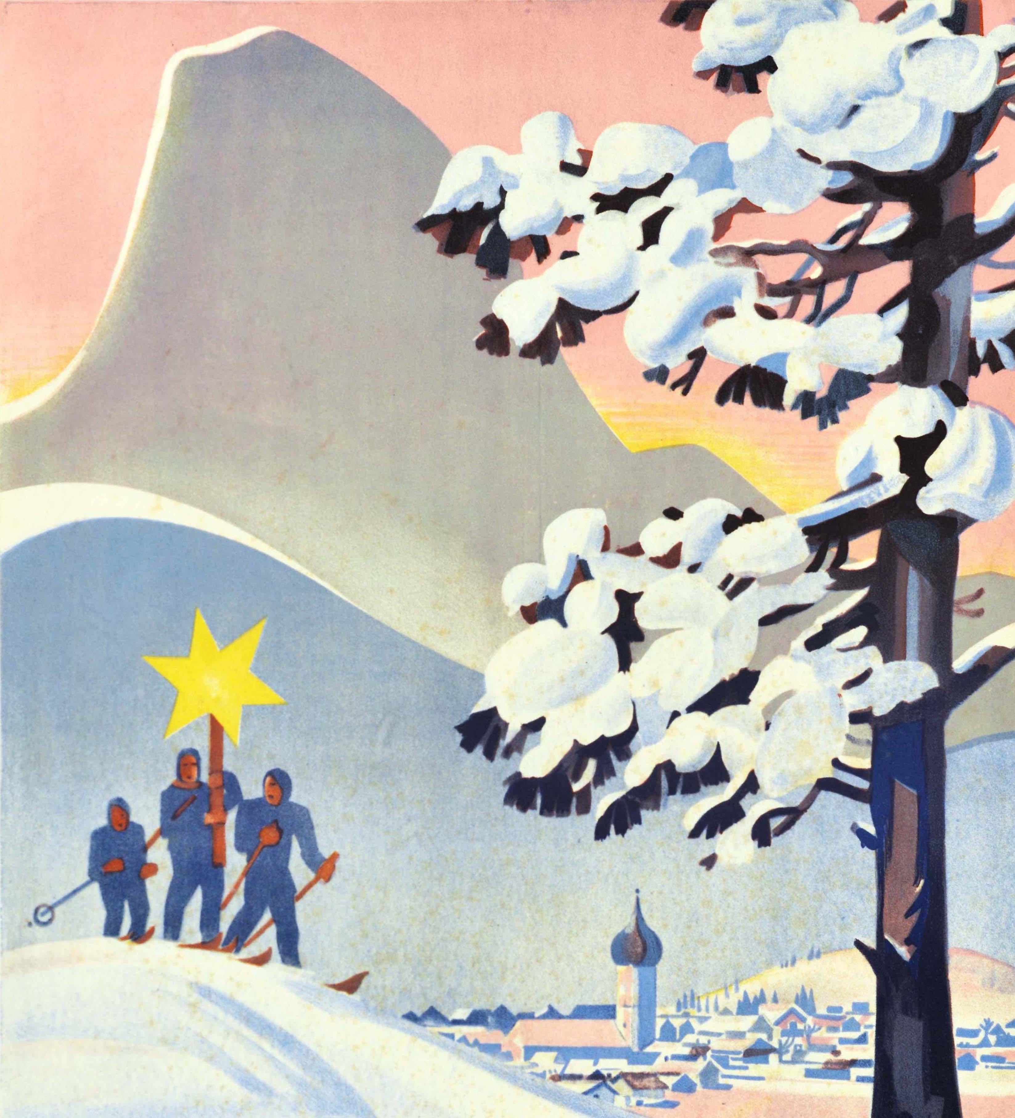Original Vintage Winter Sport Travel Poster Oberammergau A Sunny Ski Paradise In Good Condition For Sale In London, GB