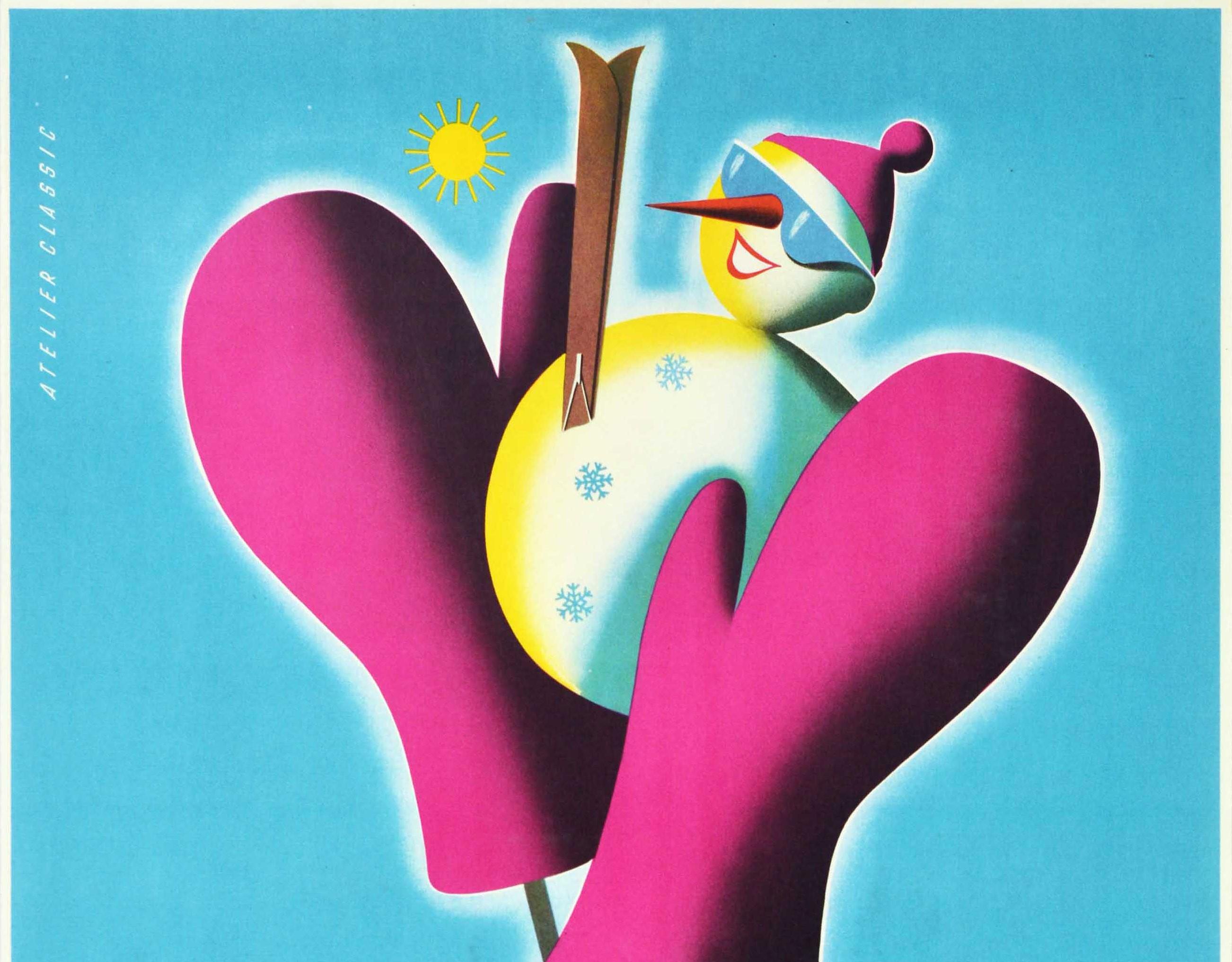 Original Vintage Winterreiseplakat für Otztal Tirol Österreich mit einer lustigen Ski-Illustration von rosa Fäustlinge auf Skistöcke halten einen Schneemann mit dem Titel in einem Band um sie herum gebunden, die lächelnde Schneemann trägt eine