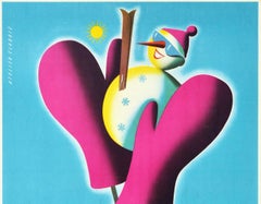 Original Vintage Winter Sport Travel Poster Otztal Tyrol Austria Skiing Snowman