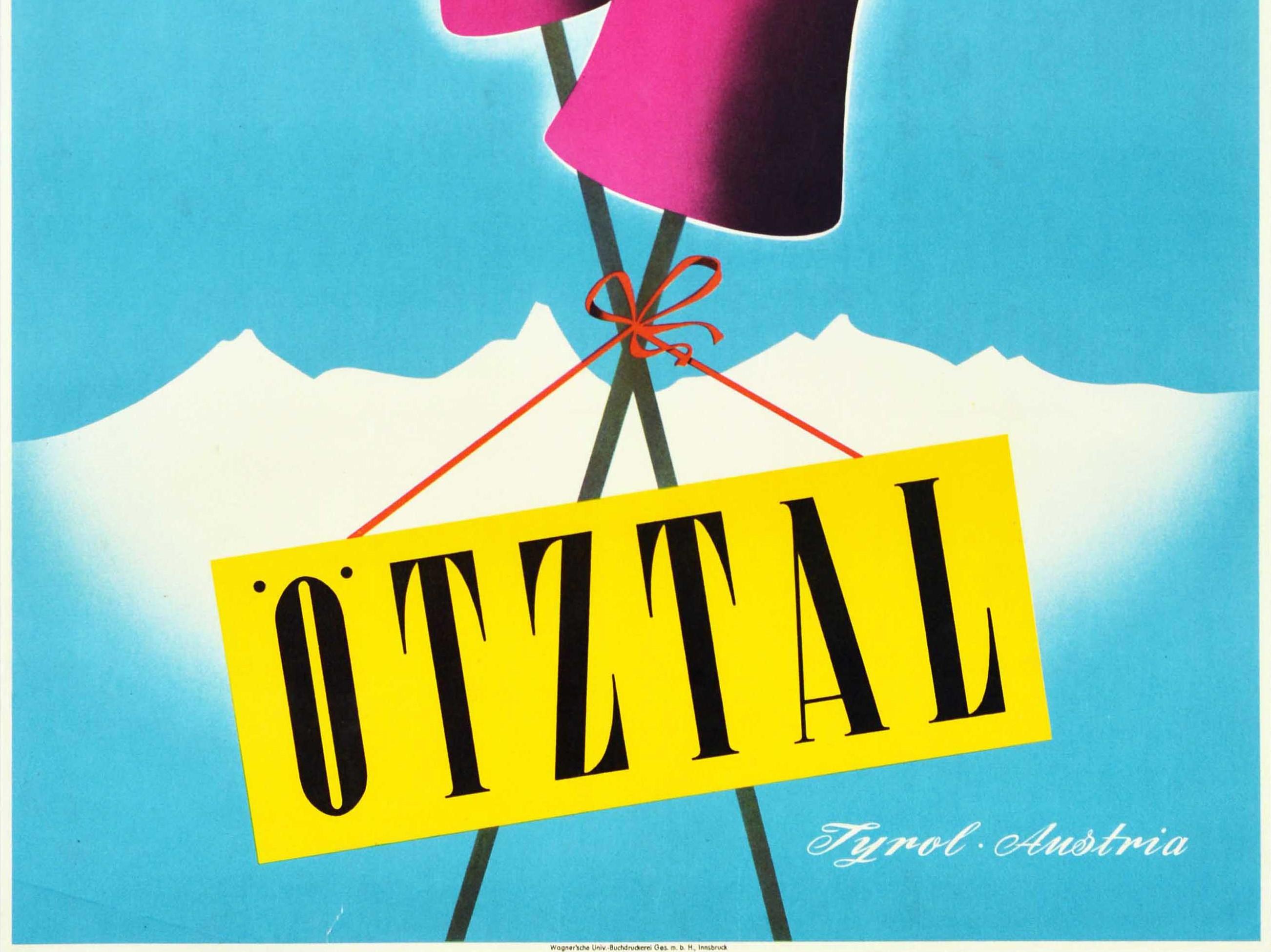 Austrian Original Vintage Winter Sport Travel Poster Otztal Tyrol Austria Skiing Snowman For Sale