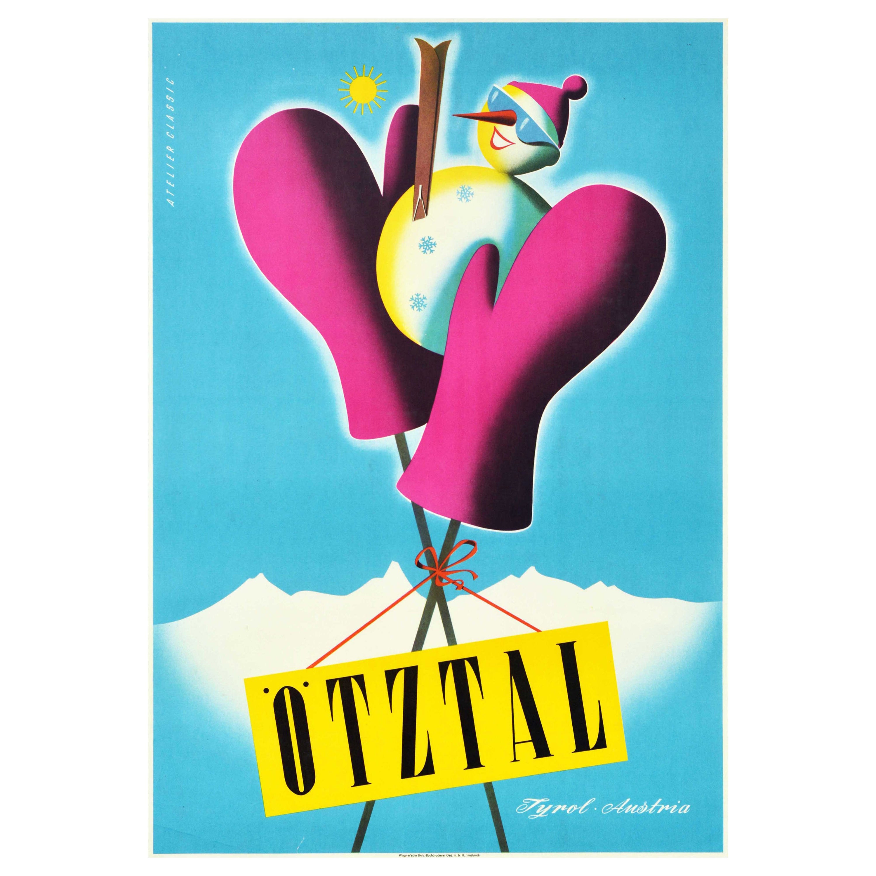 Poster di viaggio originale d'epoca per gli sport invernali Otztal Tirolo Austria Sciatore Pupazzo di neve