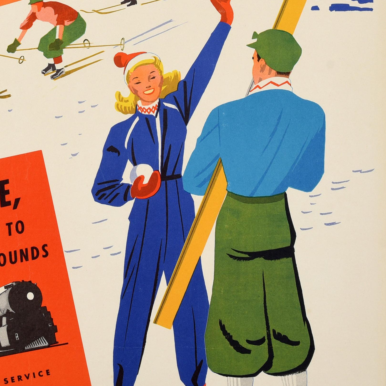 Affiche originale de voyage pour le ski et les sports d'hiver émise par Southern Pacific - Play in the Snow - avec un dessin amusant et coloré représentant une dame souriante tenant une boule de neige et saluant le spectateur à côté d'un homme