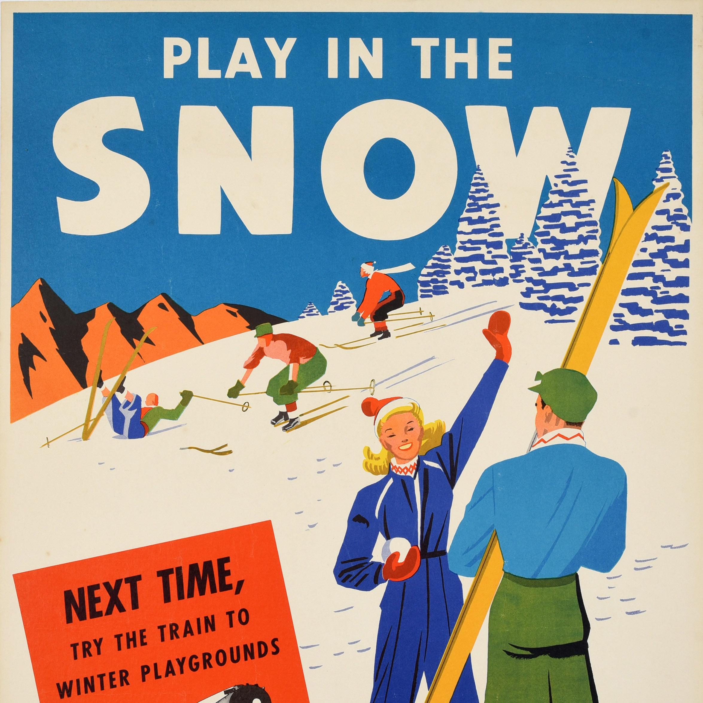 American Original Vintage Winter Sport Travel Poster Play In The Snow Southern Pacific For Sale