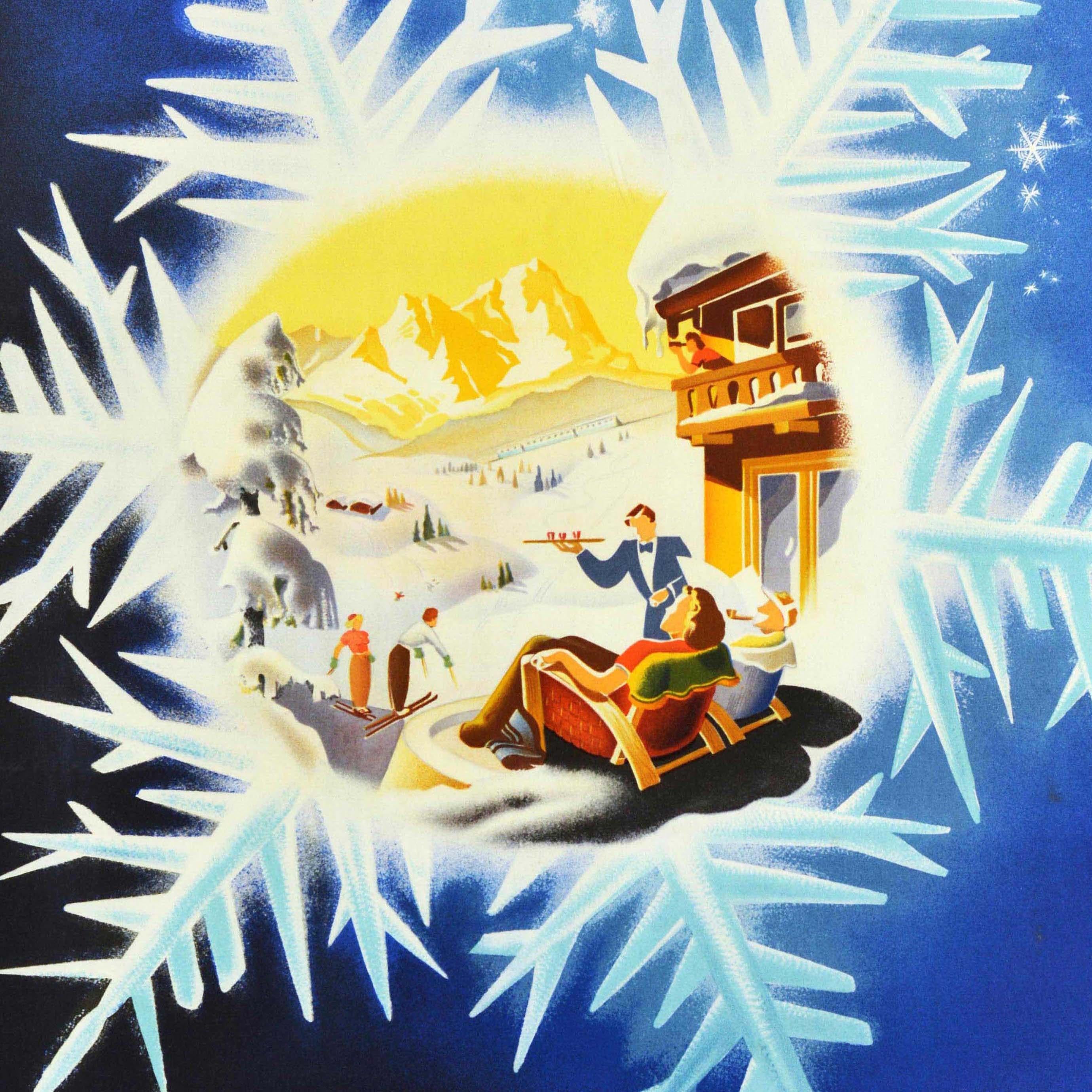 Poster originale d'epoca per gli sport invernali e lo sci - mit der Ferienexpress Polsterwagen in die Alpen und in den Schwarzwald / in carrozza imbottita Holiday Express verso le Alpi e la Black Forest - con un grande disegno che raffigura una