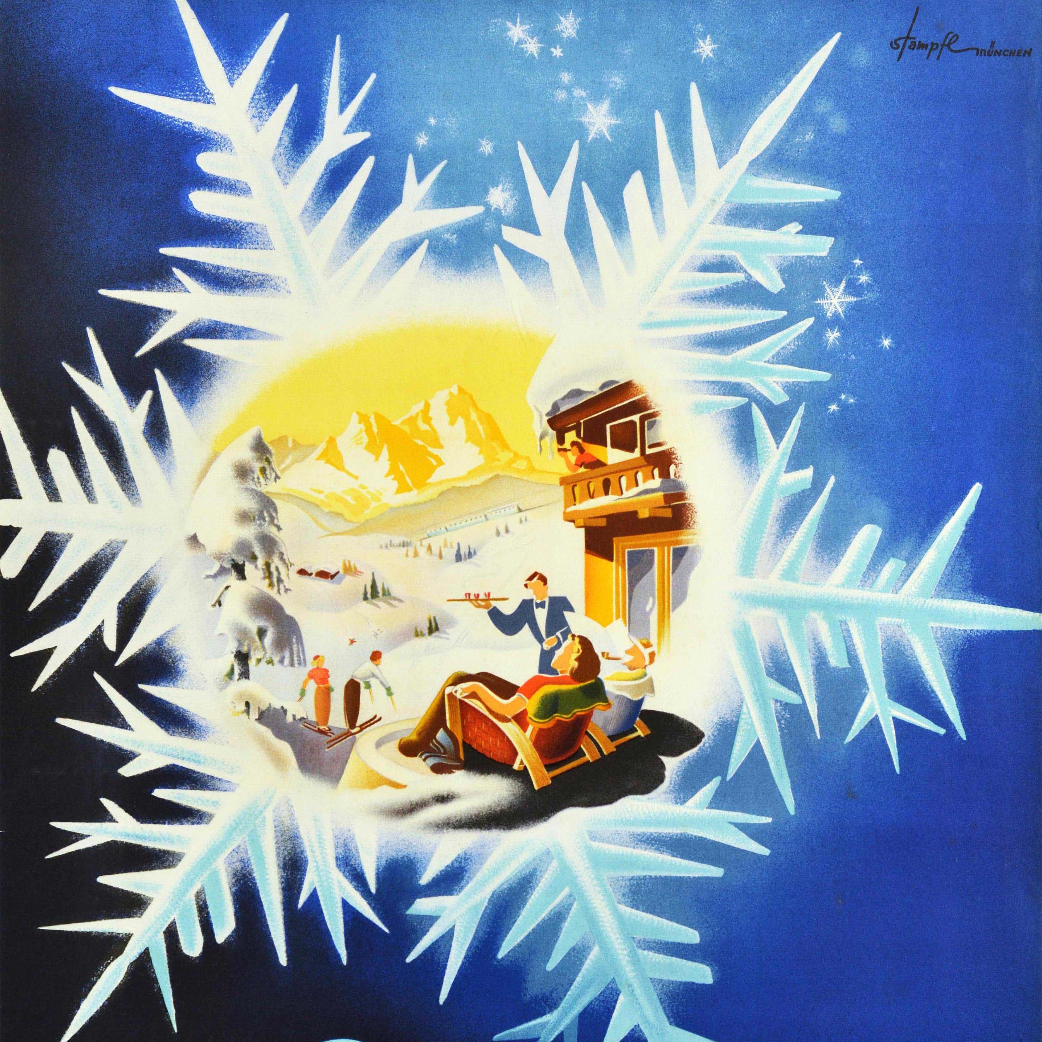 German Original Vintage Winter Sport Travel Poster Ski Alps Holiday Express Train Art For Sale