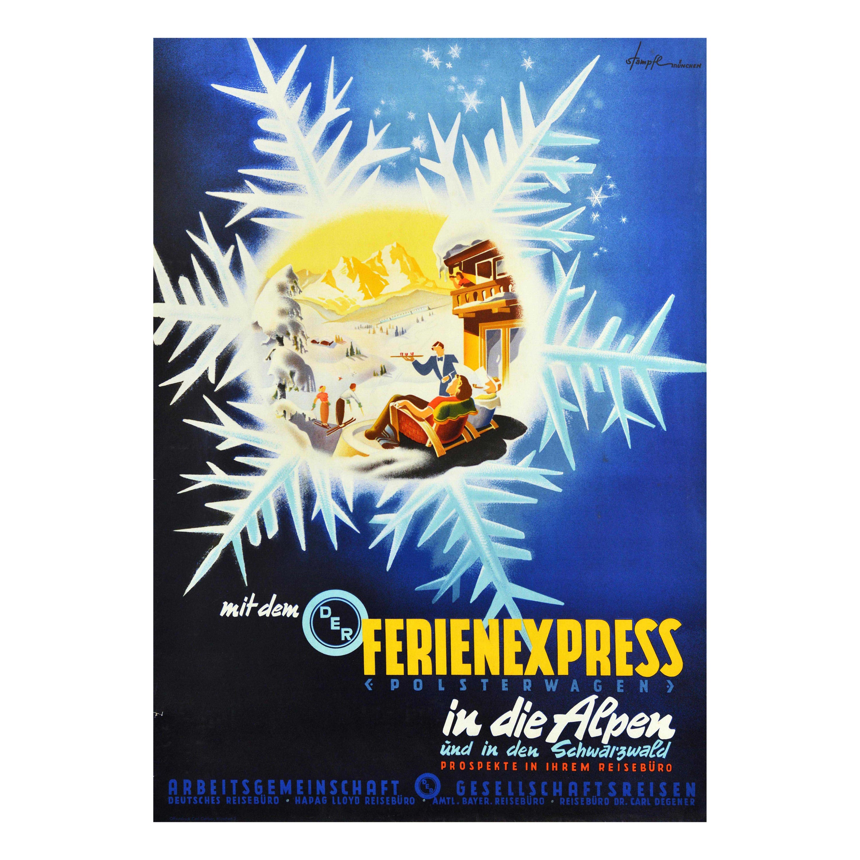 Poster di viaggio per sport invernali originale d'epoca Sci Alpi Vacanze Express Treno Arte