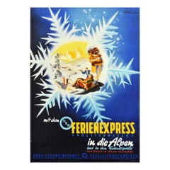 Original Vintage Winter Sport Travel Poster Ski Alps Holiday Express Train Art
