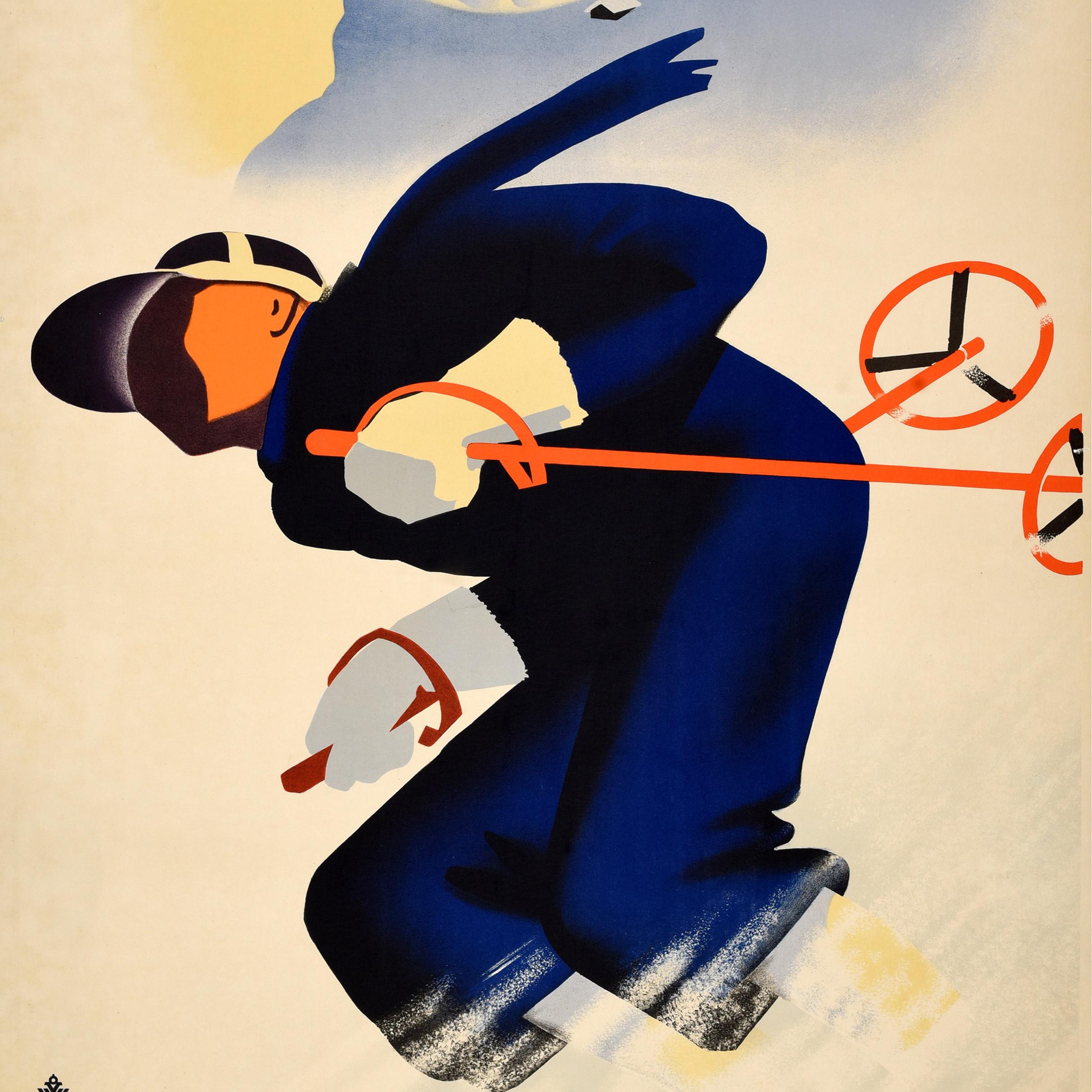 Affiche originale de voyage pour les sports d'hiver en Autriche, avec un design Art Déco dynamique réalisé par le célèbre artiste et affichiste autrichien Paul Kirnig (1891-1959) représentant un skieur en bleu avec une écharpe bleue et des gants