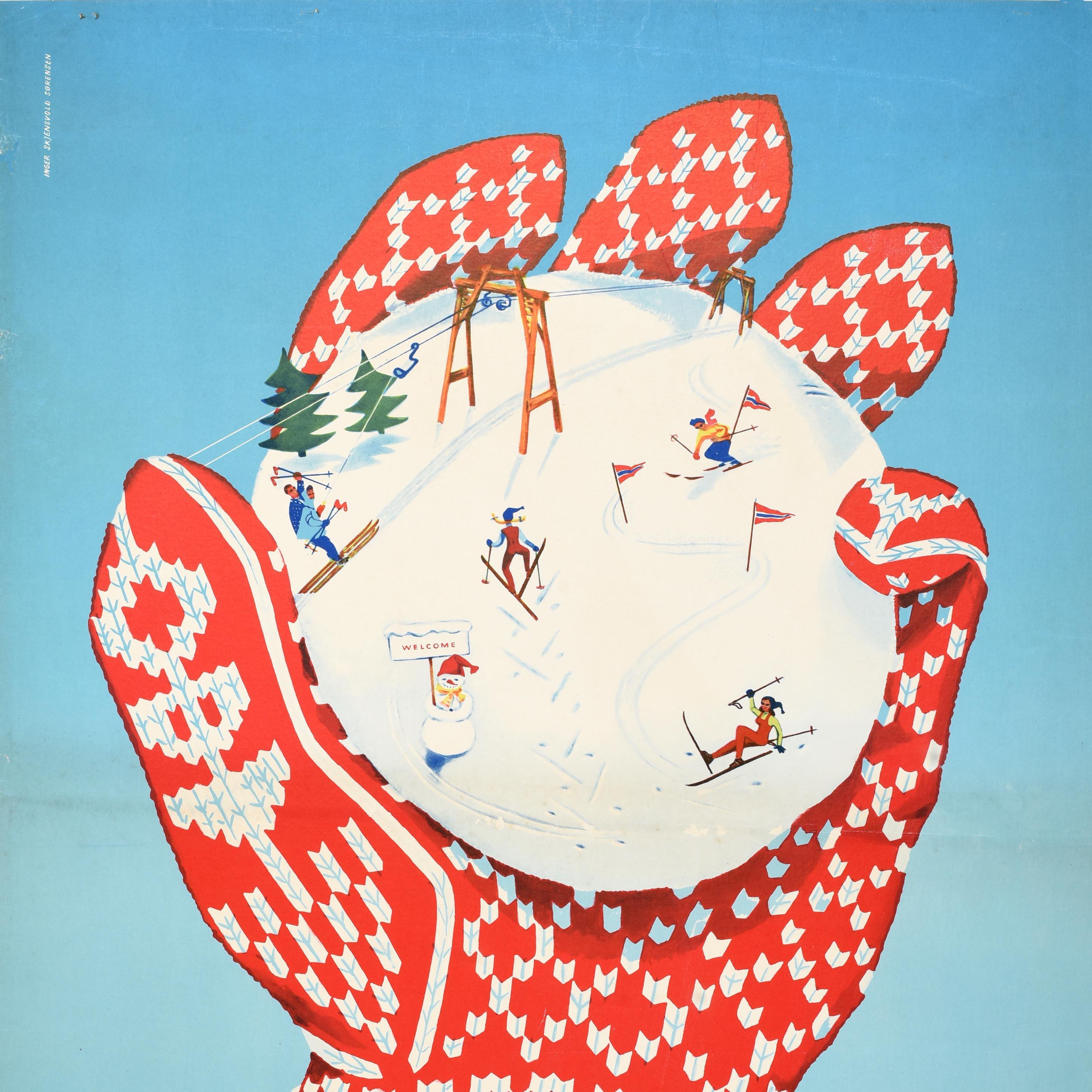 Norvegese Poster di viaggio per sport invernali originale d'epoca Sci Norvegia Fistful Of Fun SAS Norge in vendita