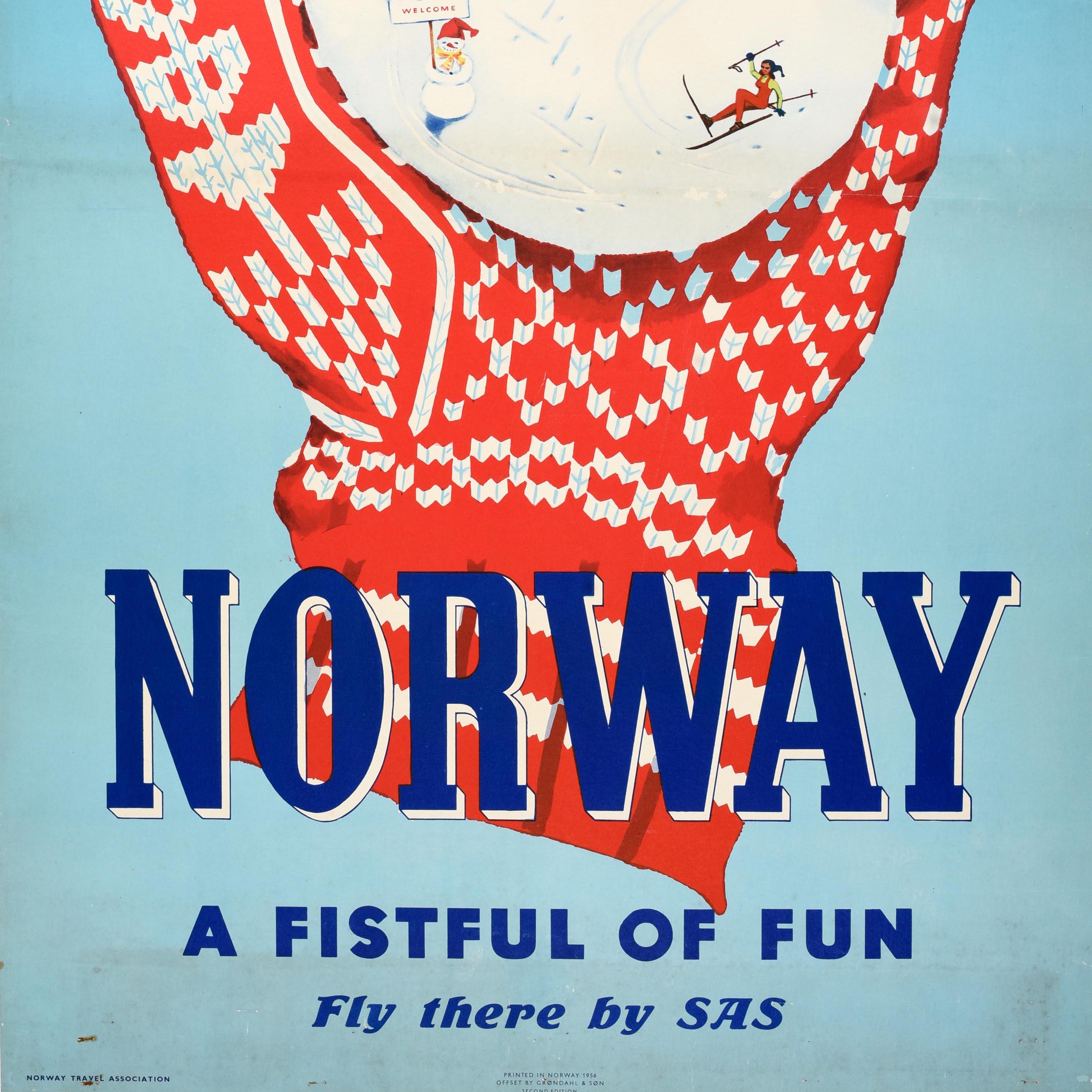 Poster di viaggio per sport invernali originale d'epoca Sci Norvegia Fistful Of Fun SAS Norge In condizioni buone in vendita a London, GB