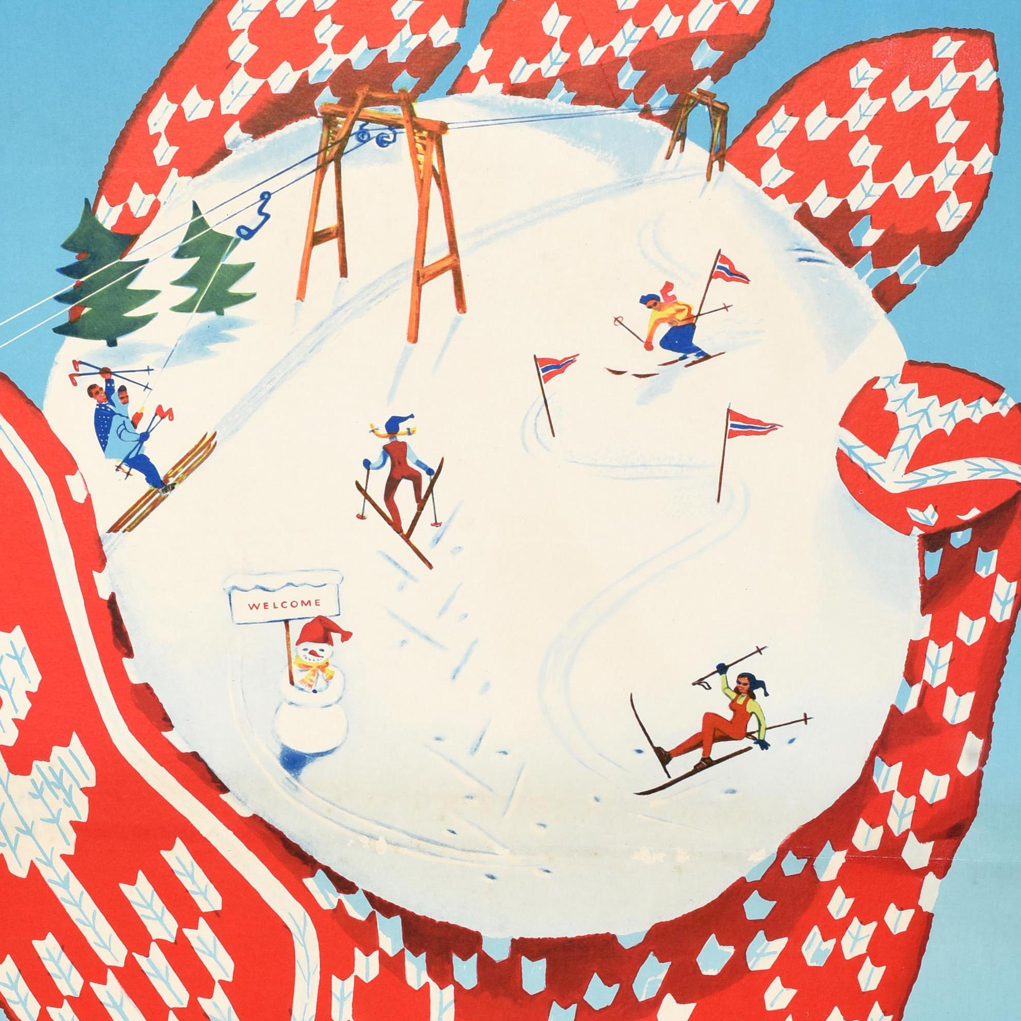Metà XX secolo Poster di viaggio per sport invernali originale d'epoca Sci Norvegia Fistful Of Fun SAS Norge in vendita