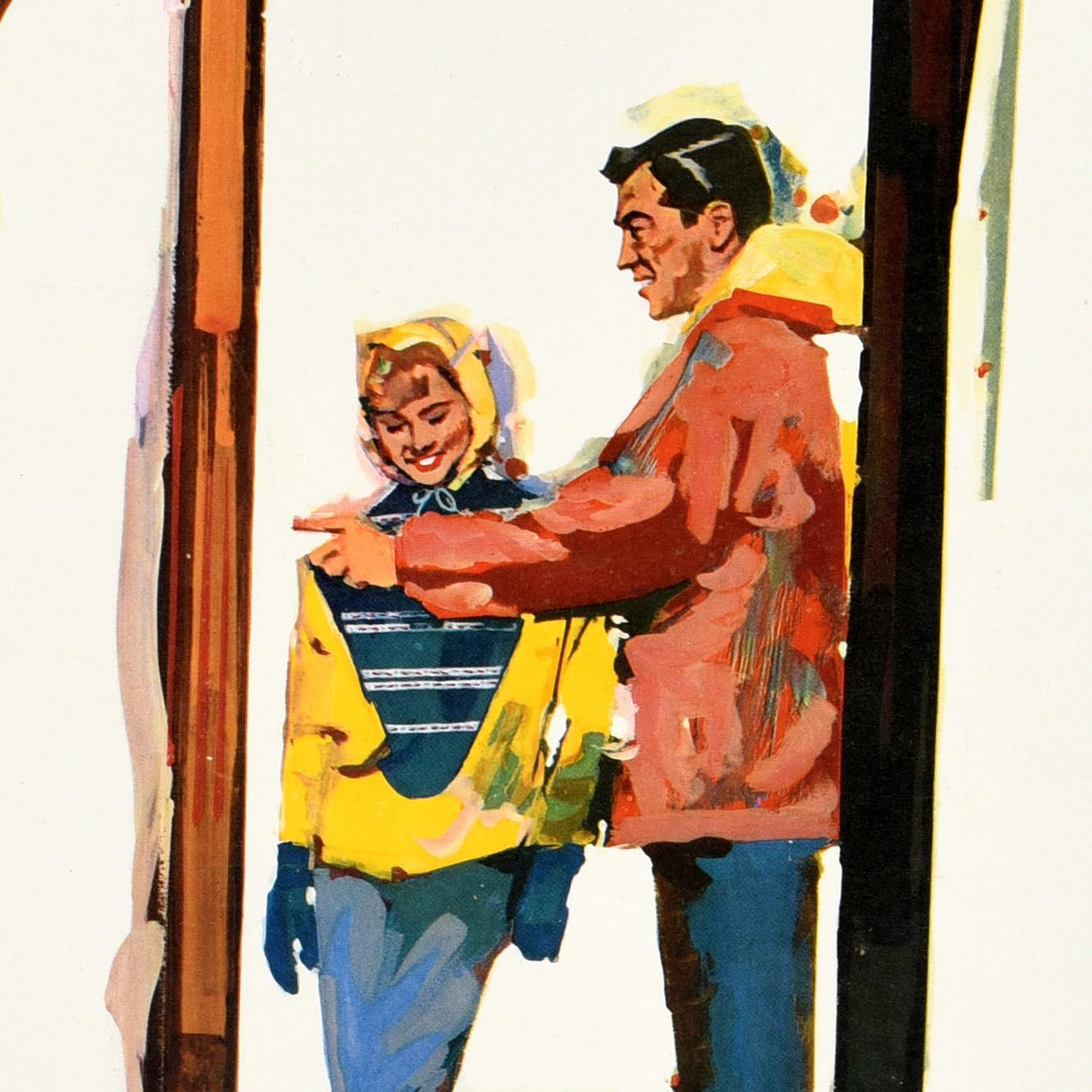 Original-Wintersport-Reiseplakat mit Werbung für das Skigebiet Sun Valley in Idaho, das der Union Pacific Railroad gehört und von ihr betrieben wird (1936-1964). Das farbenfrohe Werk des amerikanischen Künstlers William Willmarth (1898-1984) zeigt
