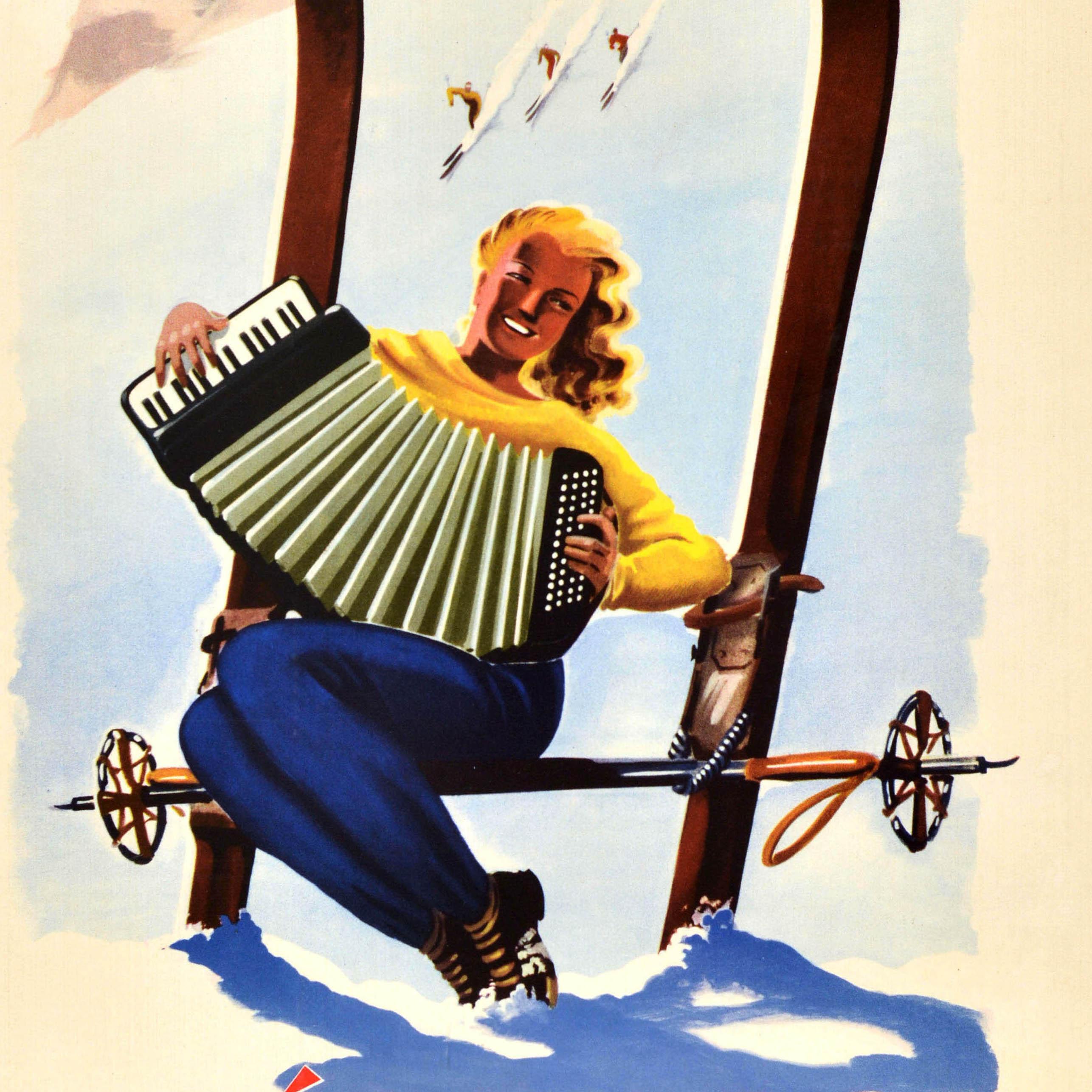 Original vintage winter sport travel poster for the Aosta Valley in Italy - Vallee d'Aoste (Italie) Courmayeur Gressoney La Thuile Pila Ayas Champoluc Valtournance Breuil - featuring a fun illustration of a smiling lady in a yellow jumper and blue