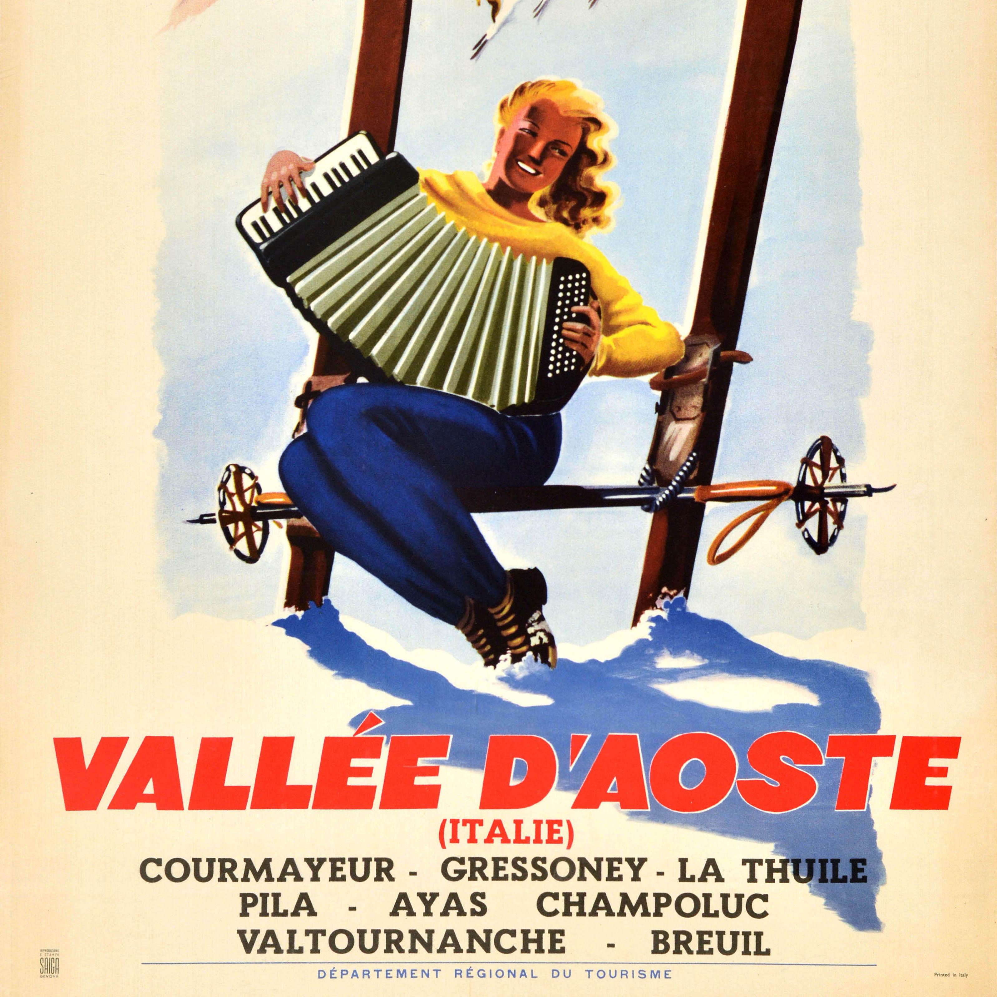 Original Vintage Winter Sport Travel Poster Vallee D'Aoste Italy Aosta Skiing In Good Condition For Sale In London, GB