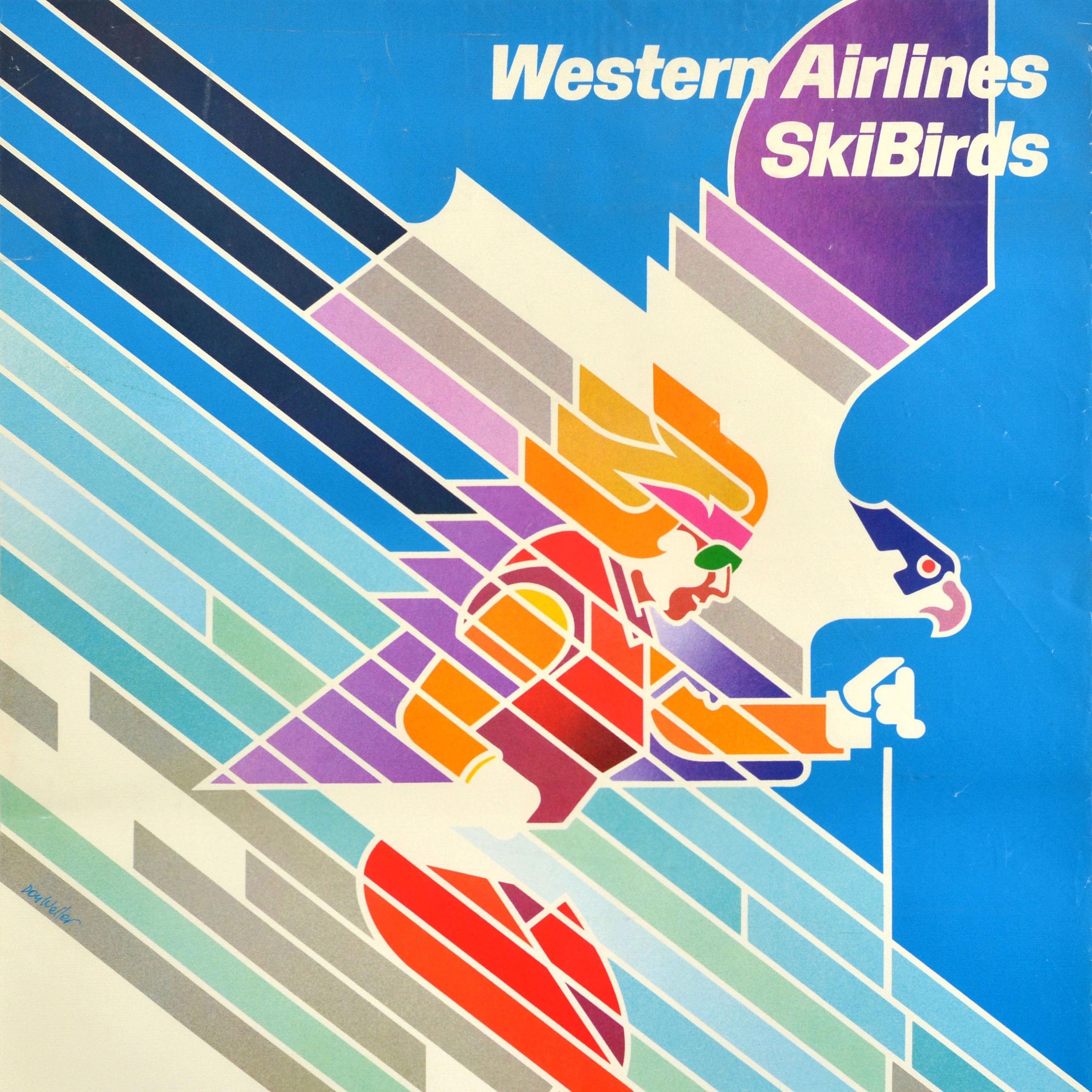 Original Vintage Póster de viaje de deportes de invierno Western Airlines SkiBirds Esquí Estadounidense en venta