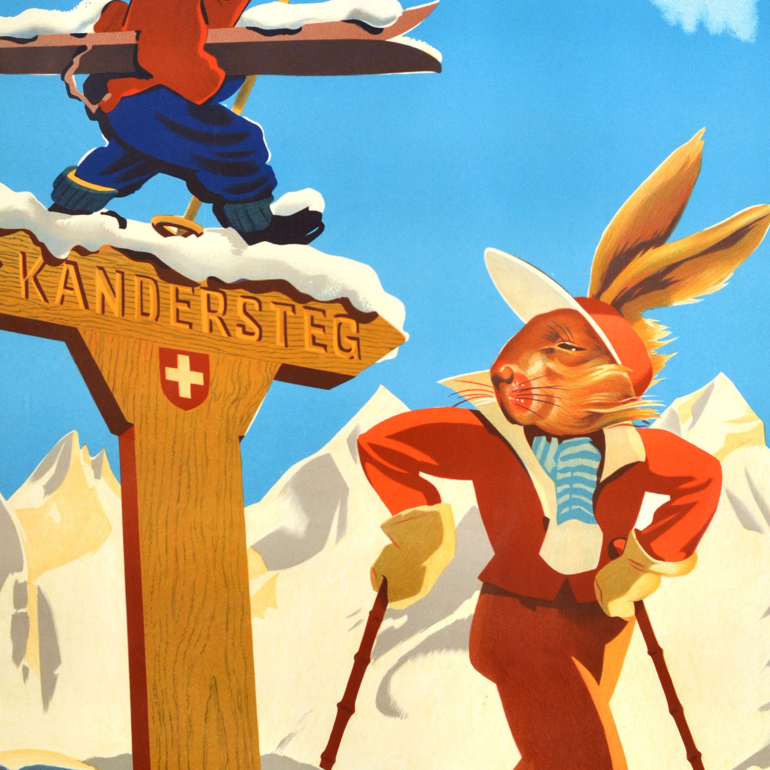 Original Vintage Winter Sports Poster Kandersteg Schweiz Suisse Switzerland Ski In Good Condition For Sale In London, GB