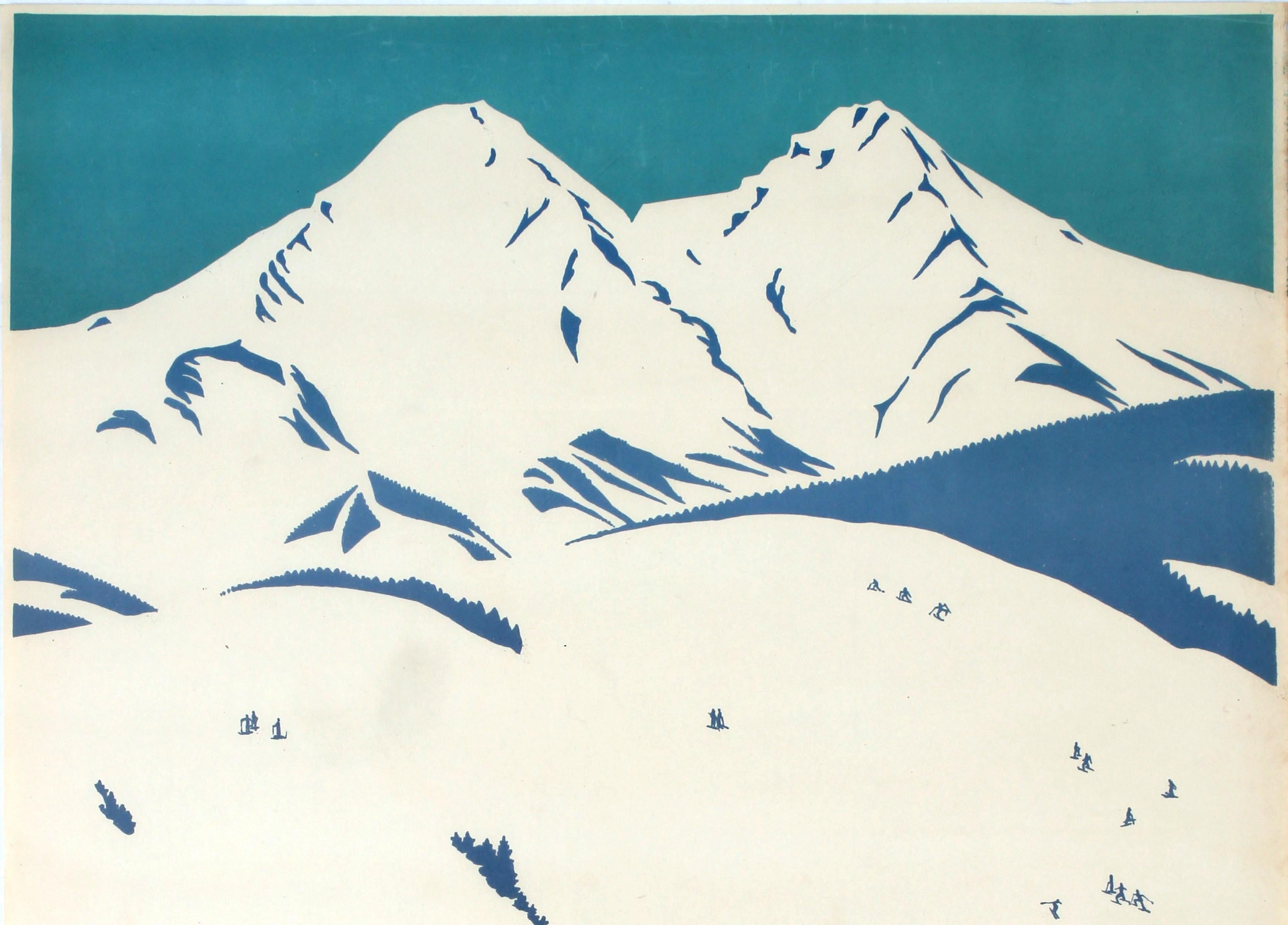 Original vintage poster for Hohe Tatra / High Tatras – 1000-1350m – Das ideale Wintersportgebiet / The Ideal Winter Sports Area. Stylized illustration by Neuzil showing a scenic view of a snowy Hohe Tatra valley with ladies dressed in traditional