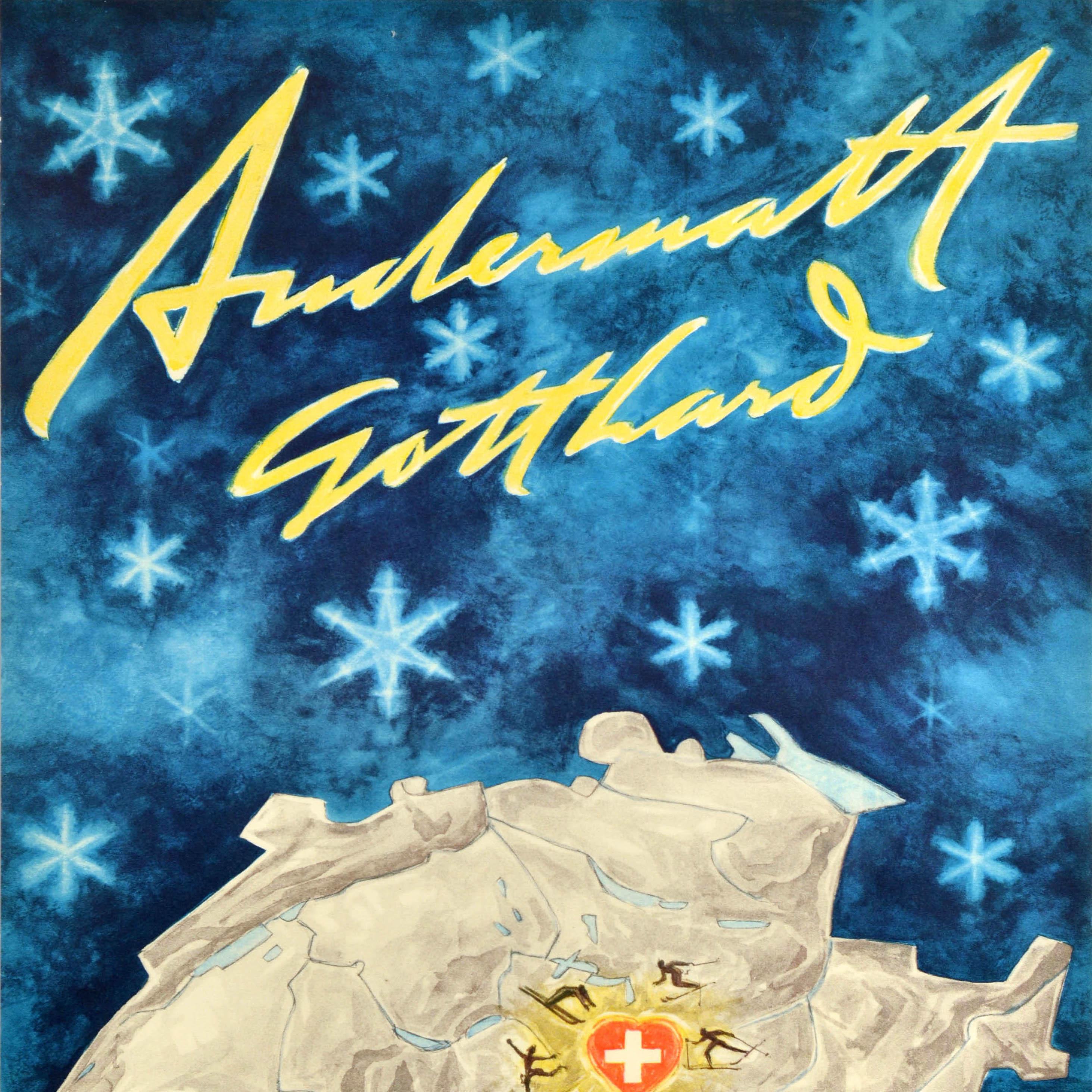 Swiss Original Vintage Winter Sports Travel Poster Andermatt Gotthard Switzerland Ski For Sale