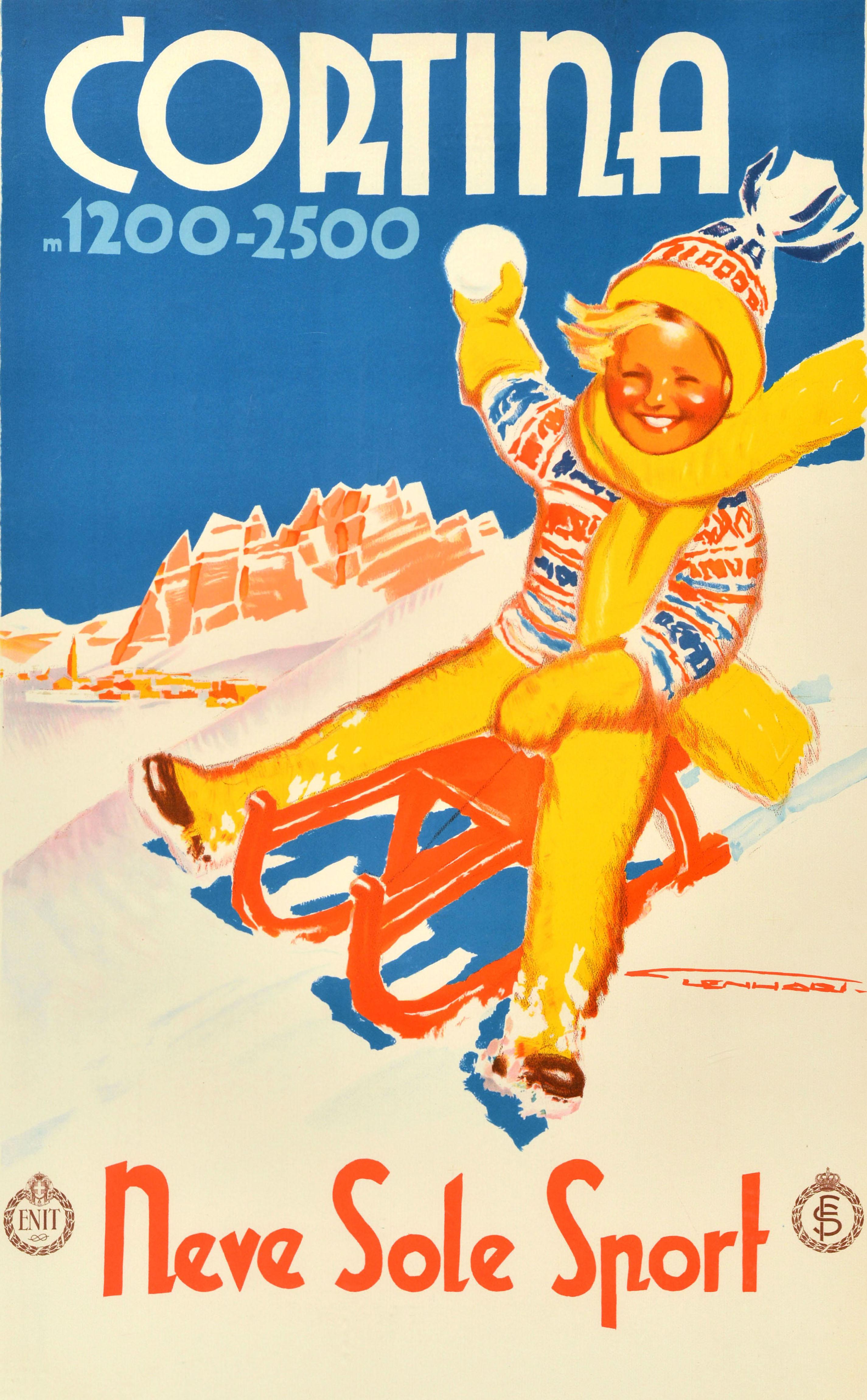 Affiche originale de voyage pour les sports d'hiver publiée par l'Office du tourisme italien ENIT - Cortina m1200-2500 Neve Sole Sport / Snow Sun Sport - une ville et une station de ski dans les Dolomites italiennes. Cette affiche représente un