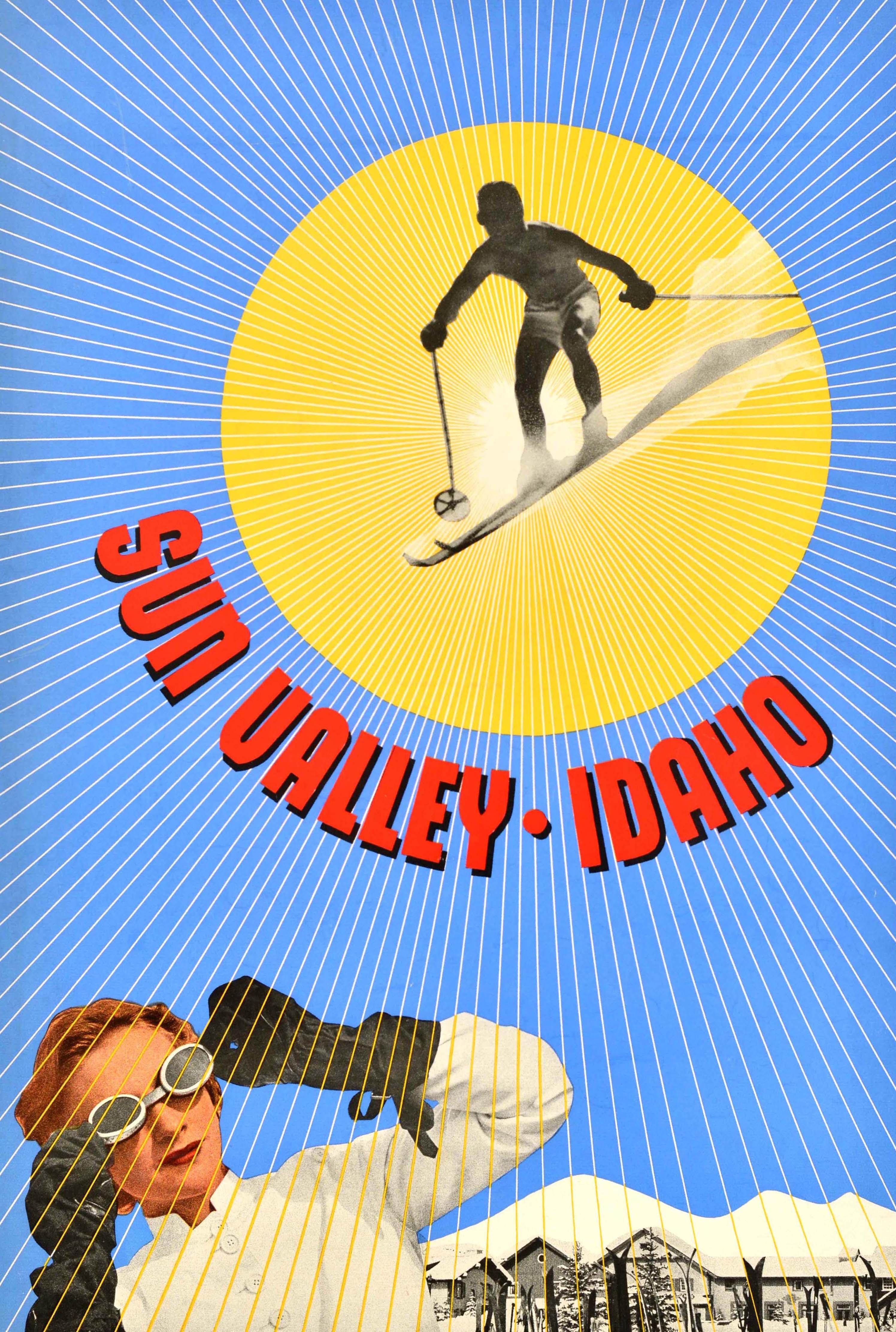 Original-Vintage-Reise-und Ski-Plakat für Sun Valley Idaho in den Vereinigten Staaten von Amerika mit einem großen Design zeigt ein Foto von einem modisch gekleidete Dame in einer weißen Jacke mit schwarzen Handschuhen setzen auf Skifahren