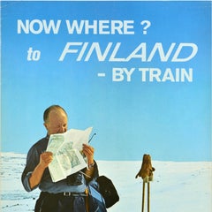 Original Vintage Winter Travel Poster Finland By Train Skiing VR State Railways