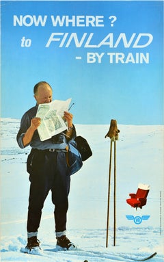 Original Vintage Winter Travel Poster Finland By Train Skiing VR State Railways