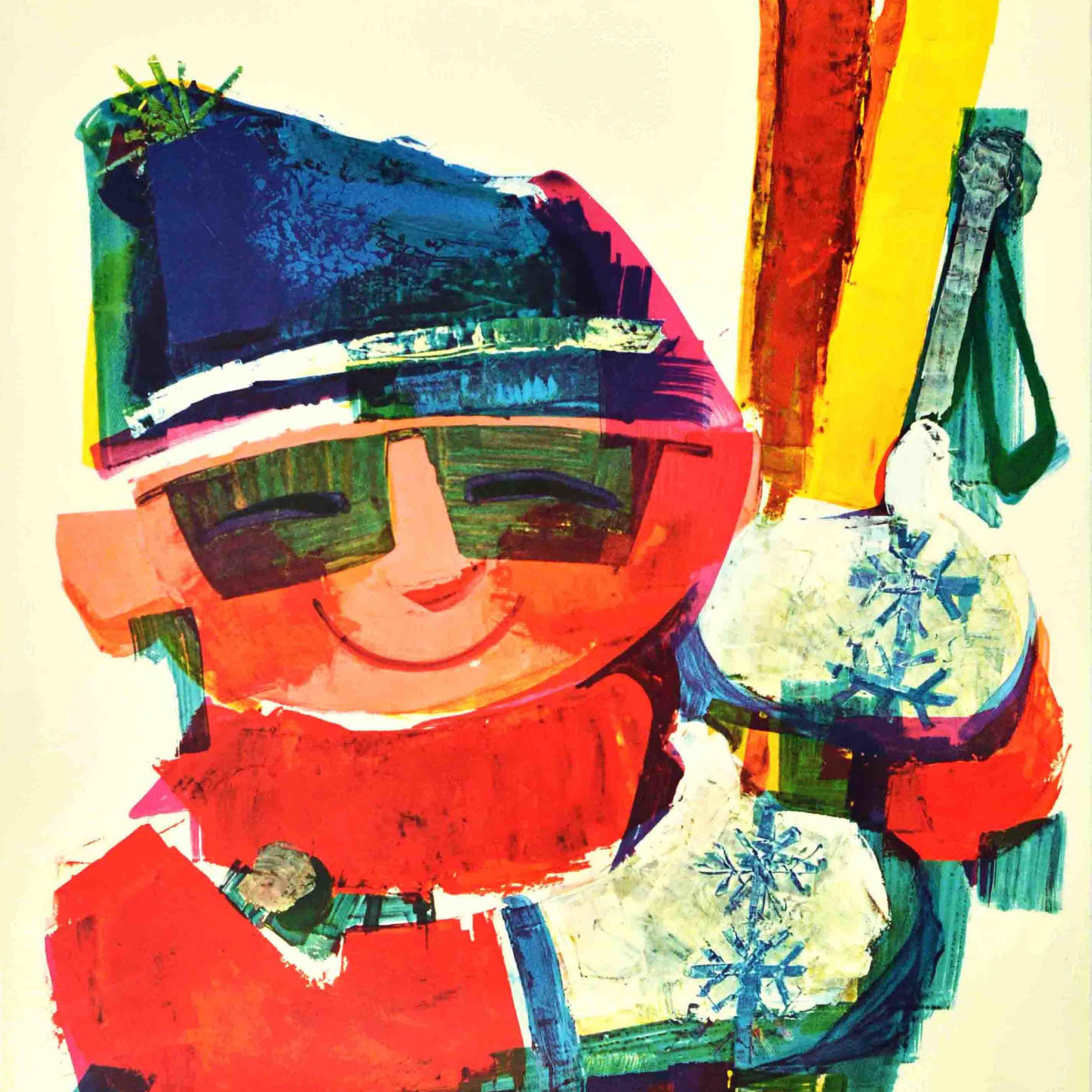 Original vintage winter sport travel poster - La haute Baviere vous attend cet hiver! / Upper Bavaria awaits you this winter! - featuring colourful artwork of a smiling skier wearing sunglasses and a bobble hat with snowflakes on his mittens,