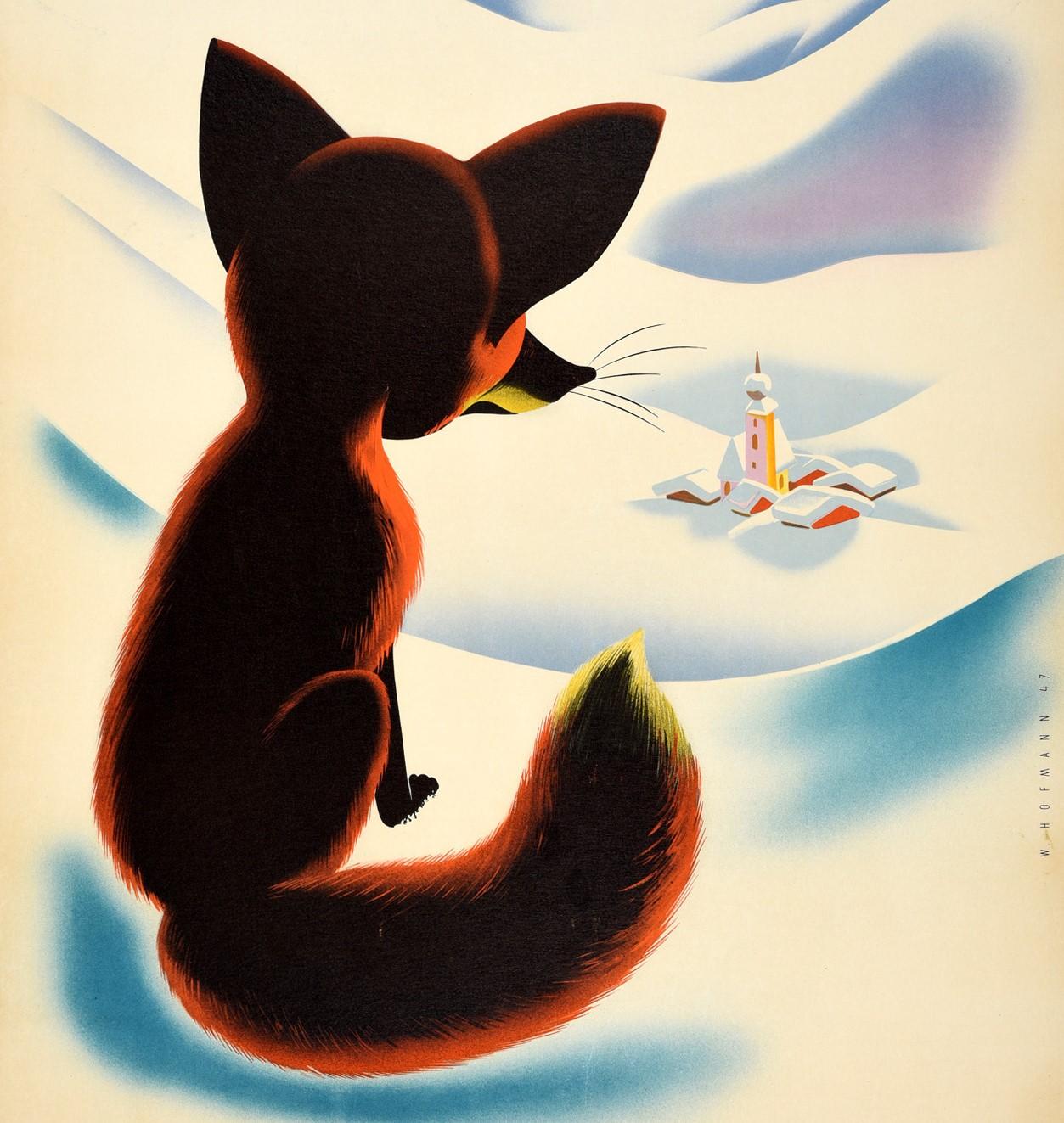 Original vintage travel poster for Osterreich / Austria featuring a great illustration by Walter Hofmann (1906-1975) of a red fox sitting on the snow in the foreground, looking down at a snow topped church and village buildings nestled in a valley