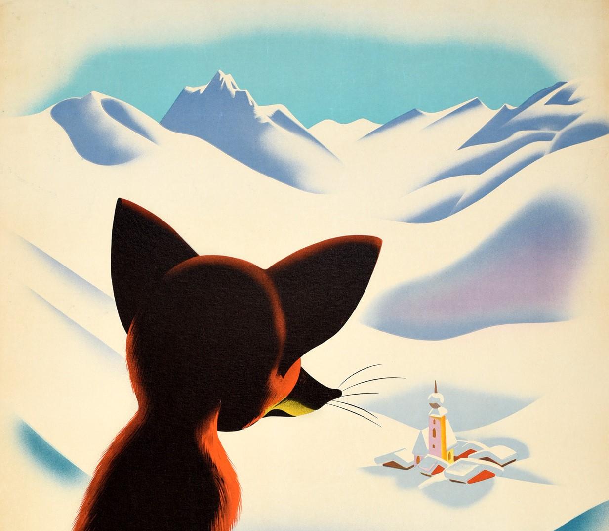 Austrian Original Vintage Winter Travel Poster Osterreich Austria Fox Snow Mountains View