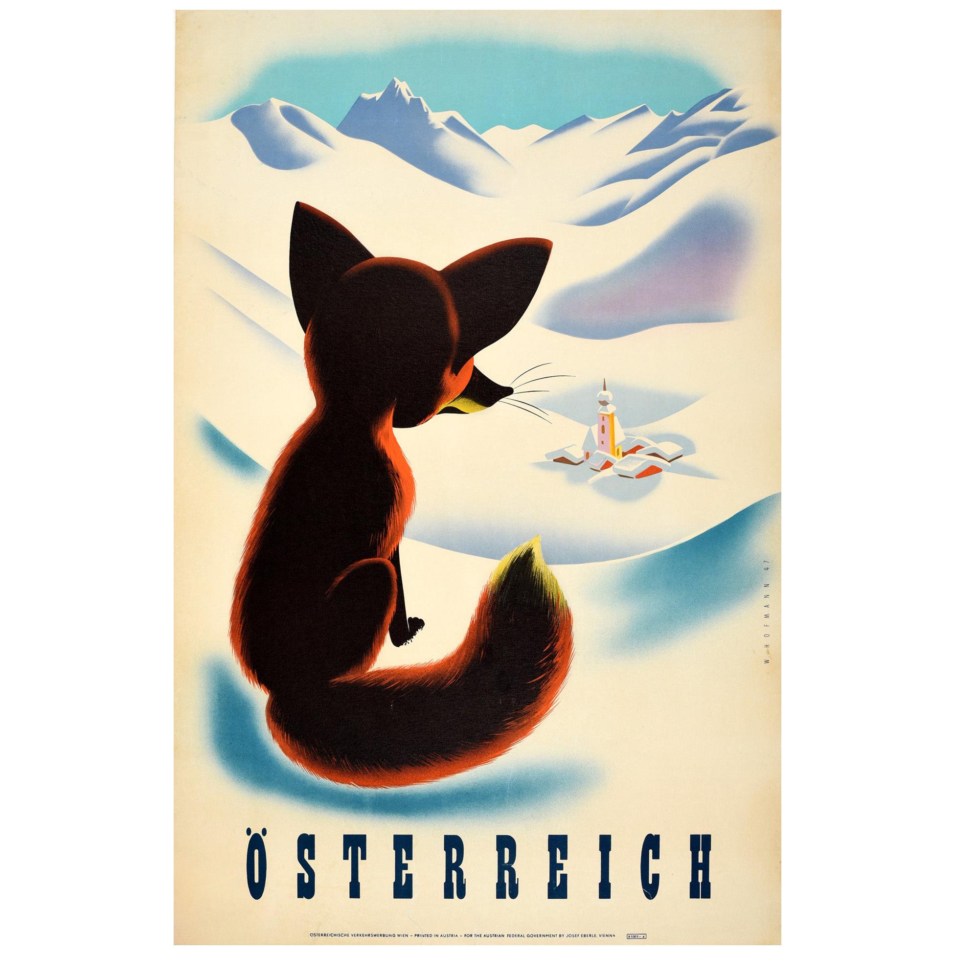Original Vintage Winter Travel Poster Osterreich Austria Fox Snow Mountains View