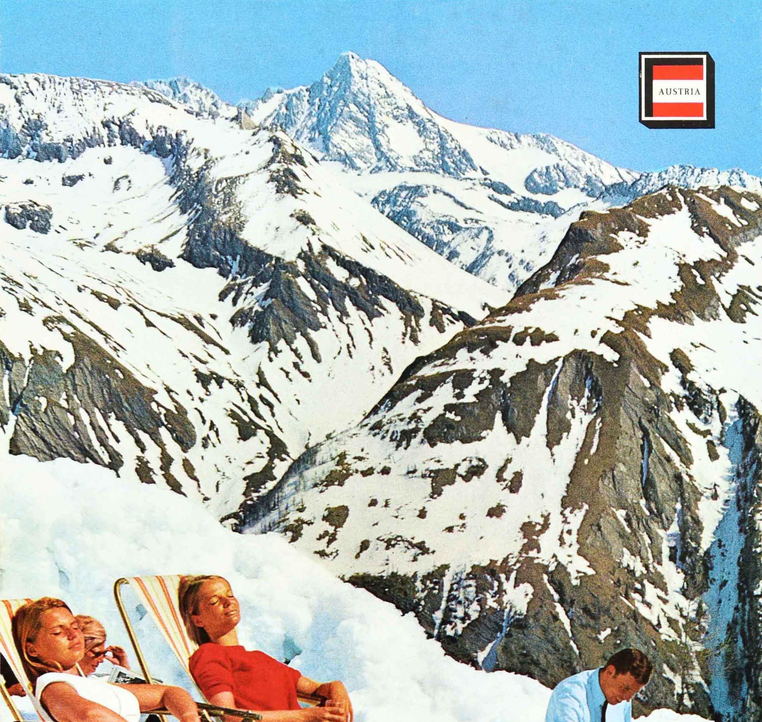 Original vintage winter sport travel poster for Osterreich Autriche Austria featuring skiers relaxing and sunbathing on deck chairs in the thick snow wearing t-shirts and ski boots with a smiling man handing a drink to a lady behind bottles in the