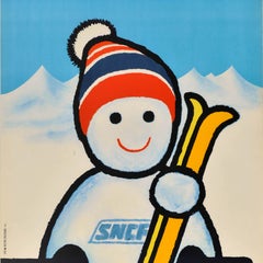 Original Vintage Winter Travel Poster SNCF Snowman French Railways Train Travel