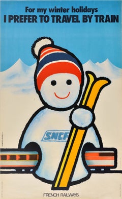 Original Vintage Winter Travel Poster SNCF Snowman French Railways Train Travel