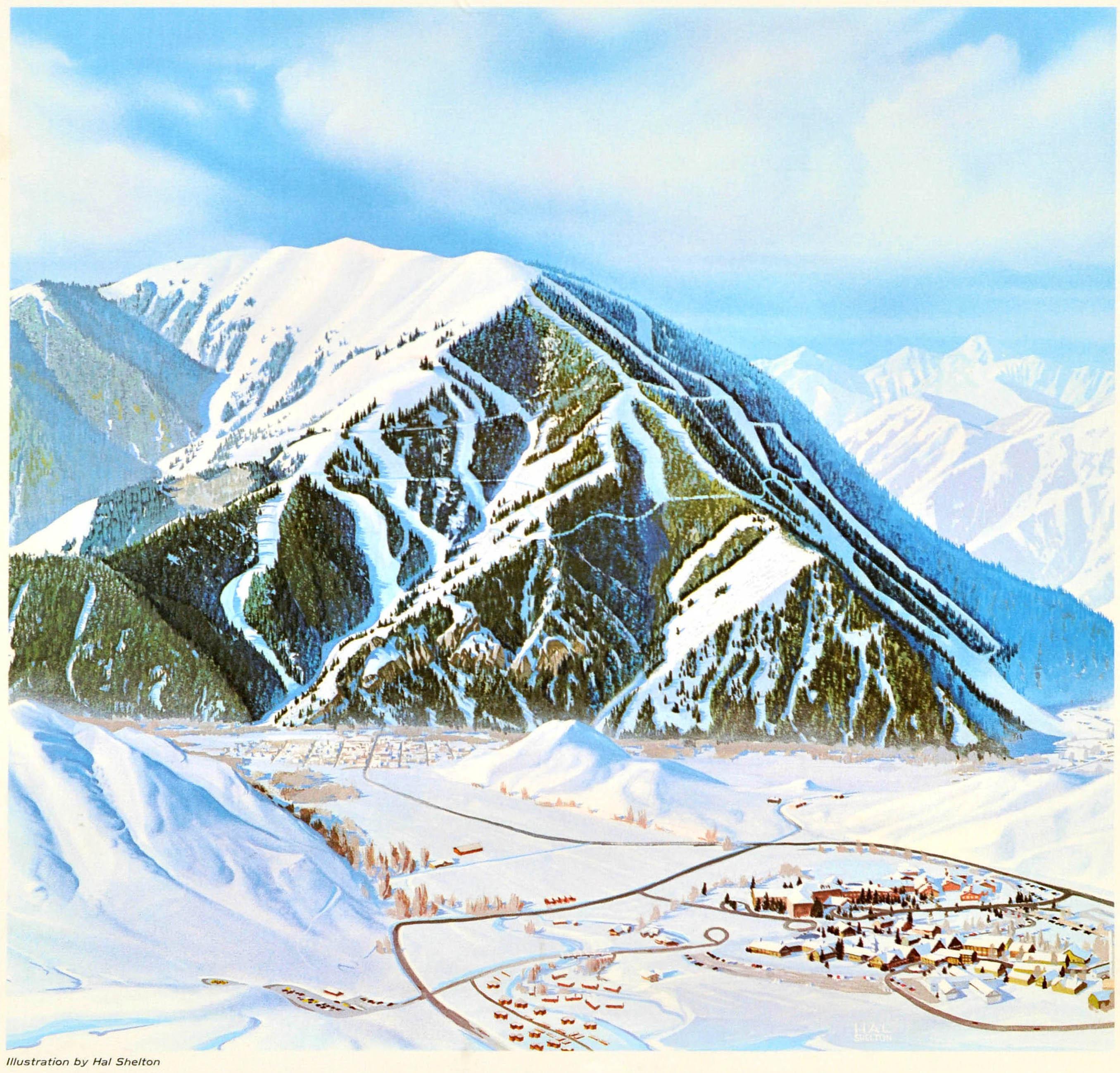 Original vintage winter travel poster for Sun Valley in Idaho the United States featuring a ski map view of the snow covered Bald Mountain with ski runs between the trees and the alpine ski resort city (founded in 1936) in the valley below, the text