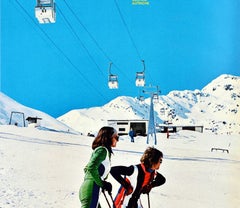 Original Vintage Winter Travel Poster Tirol Austria Ski Lift Skiing Resort Snow