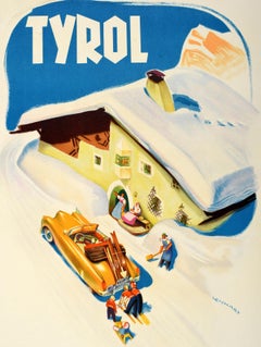 Original Vintage Winter Travel Poster Tyrol Franz Lenhart Ski Chalet Austria