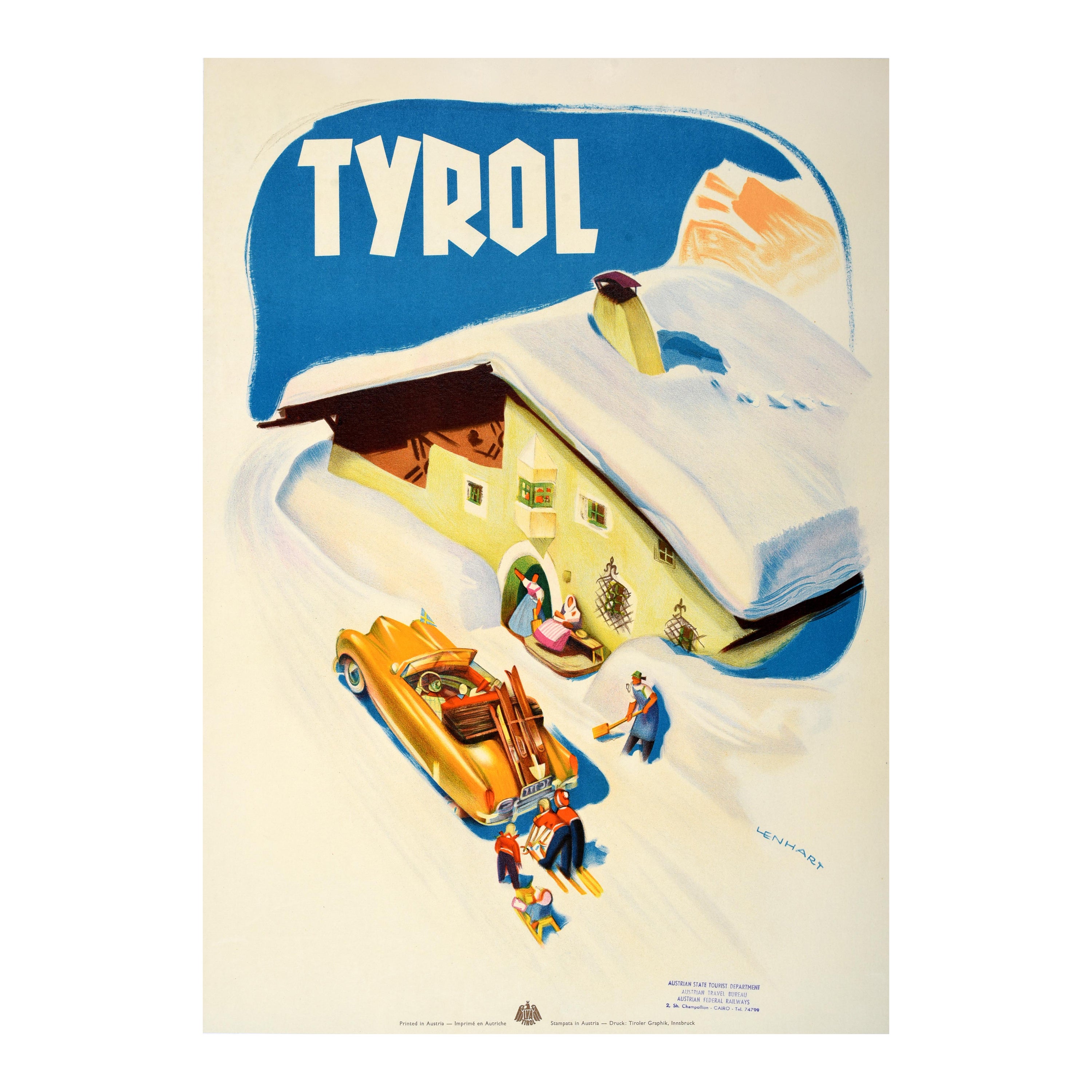 Poster di viaggio d'inverno originale d'epoca Tirolo Franz Lenhart Ski Chalet Austria