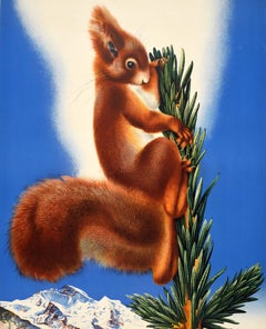 Poster originale d'epoca per il viaggio invernale Wengen Svizzera Scoiattolo W Linsenmaier