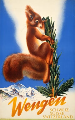 Poster originale d'epoca per il viaggio invernale Wengen Svizzera Scoiattolo W Linsenmaier
