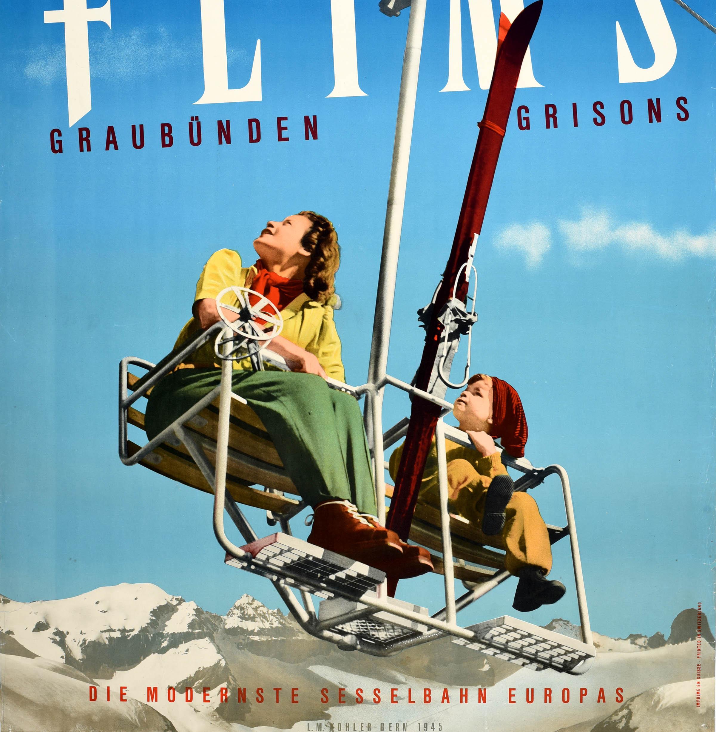 Original Vintage Winter Travel Ski Poster Flims Graubunden Grisons Switzerland In Good Condition For Sale In London, GB