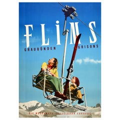 Original Vintage Winter Travel Ski Poster Flims Graubunden Grisons Switzerland