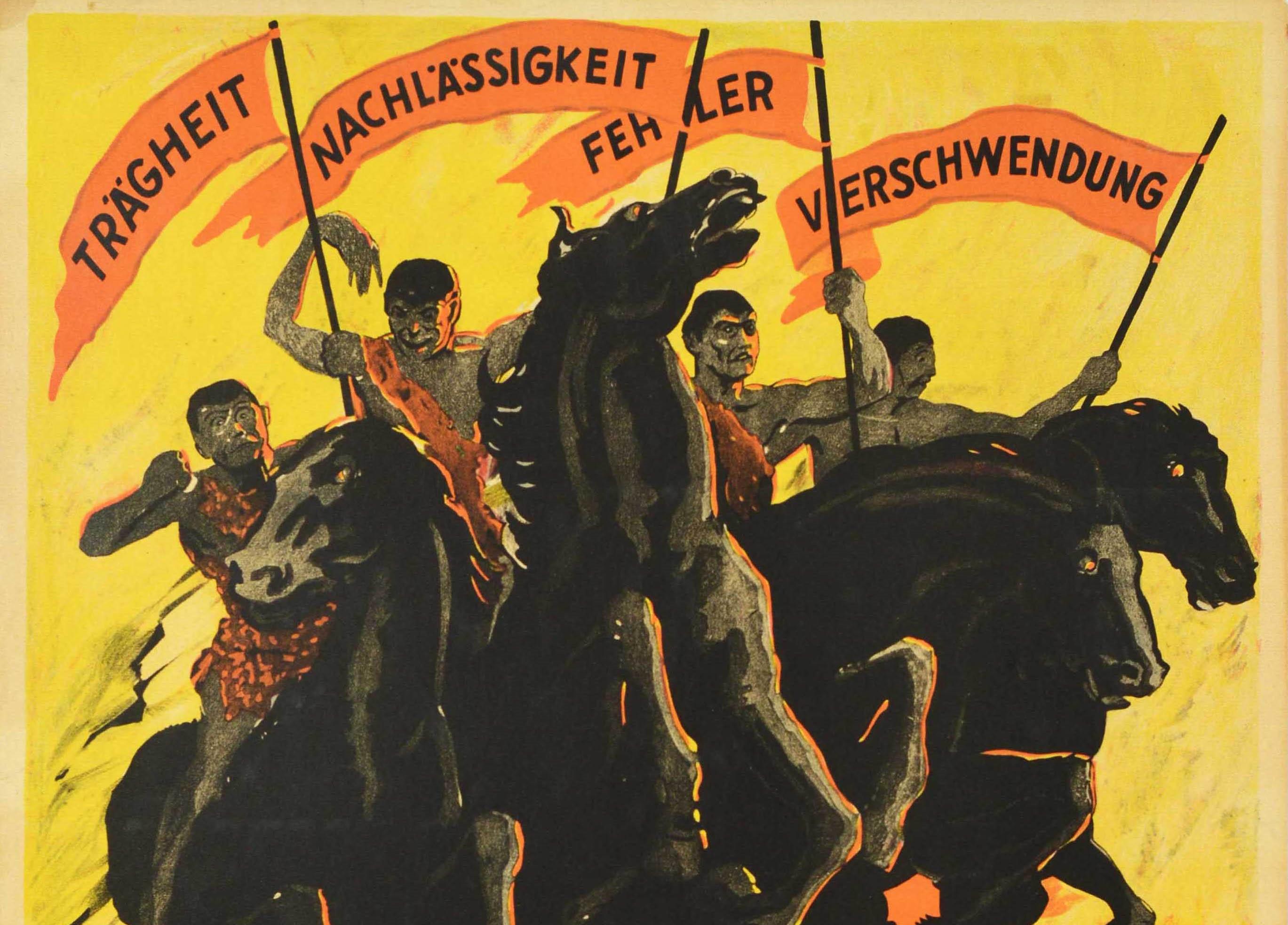 Original vintage German motivational workplace poster issued by the Parker-Holladay company in Berlin featuring an illustration of men riding horses at speed over a city, and carrying banners that read - Tragheit Nachlassigkeit Fehler Verschwendung