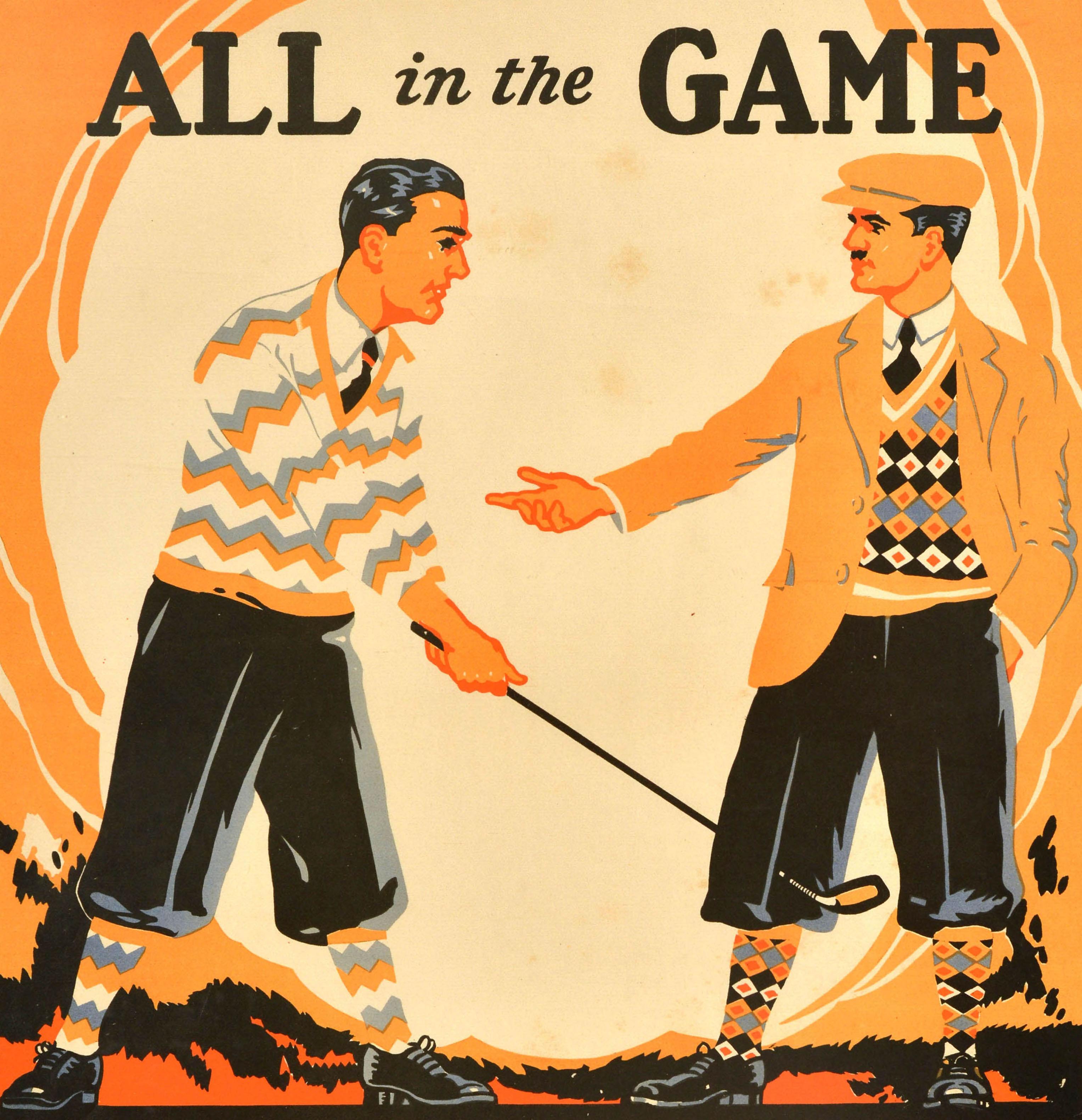 Original vintage workplace motivational poster - All in the Game Only those who accept criticism in the right spirit qualify to win Listeners Learn to Lead Bill Jones - featuring a sport themed illustration of golf players wearing colourful jumpers