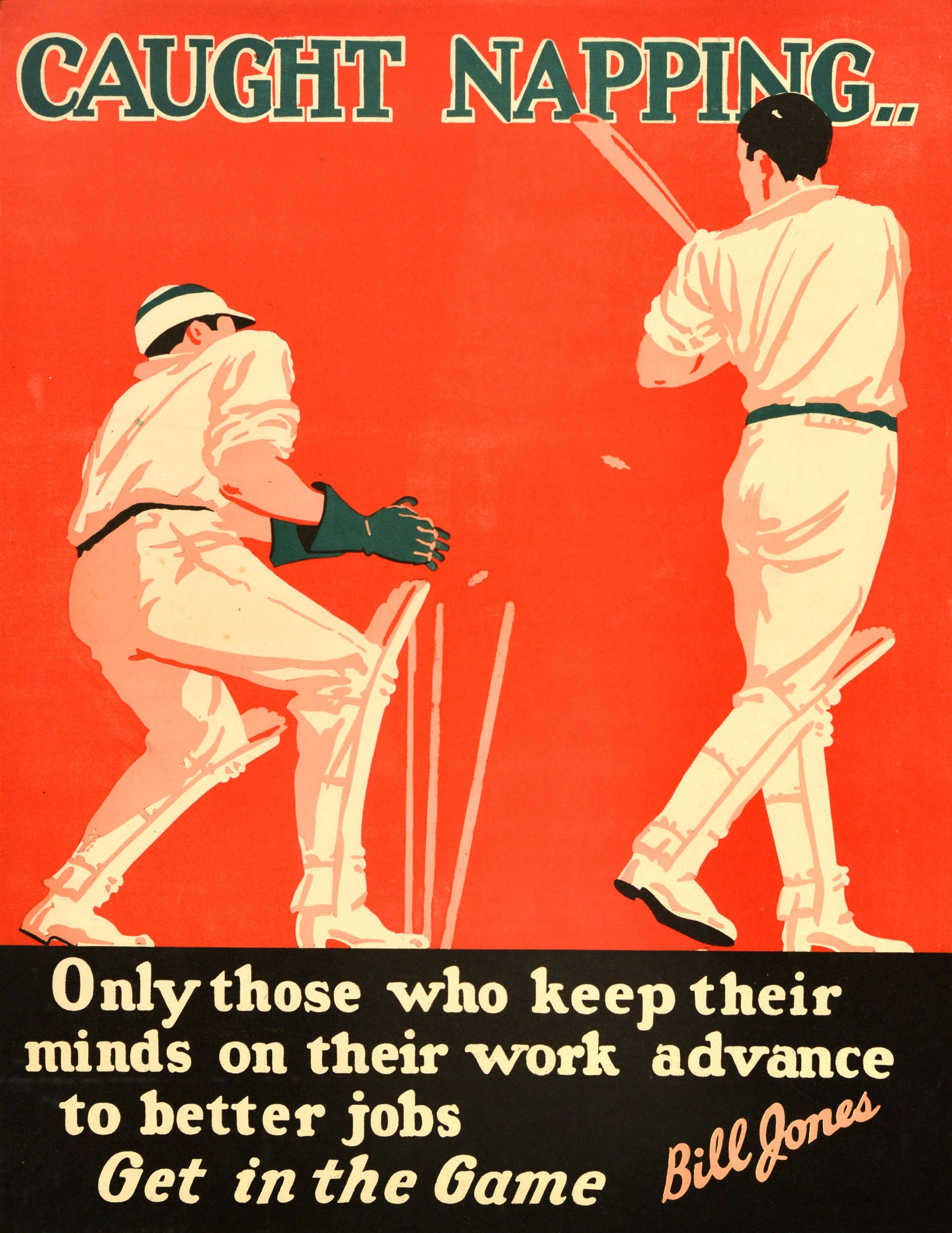 British Original Vintage Workplace Motivational Poster Caught Napping Cricket Bill Jones