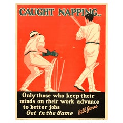 Original Vintage Workplace Motivational Poster Caught Napping Cricket Bill Jones