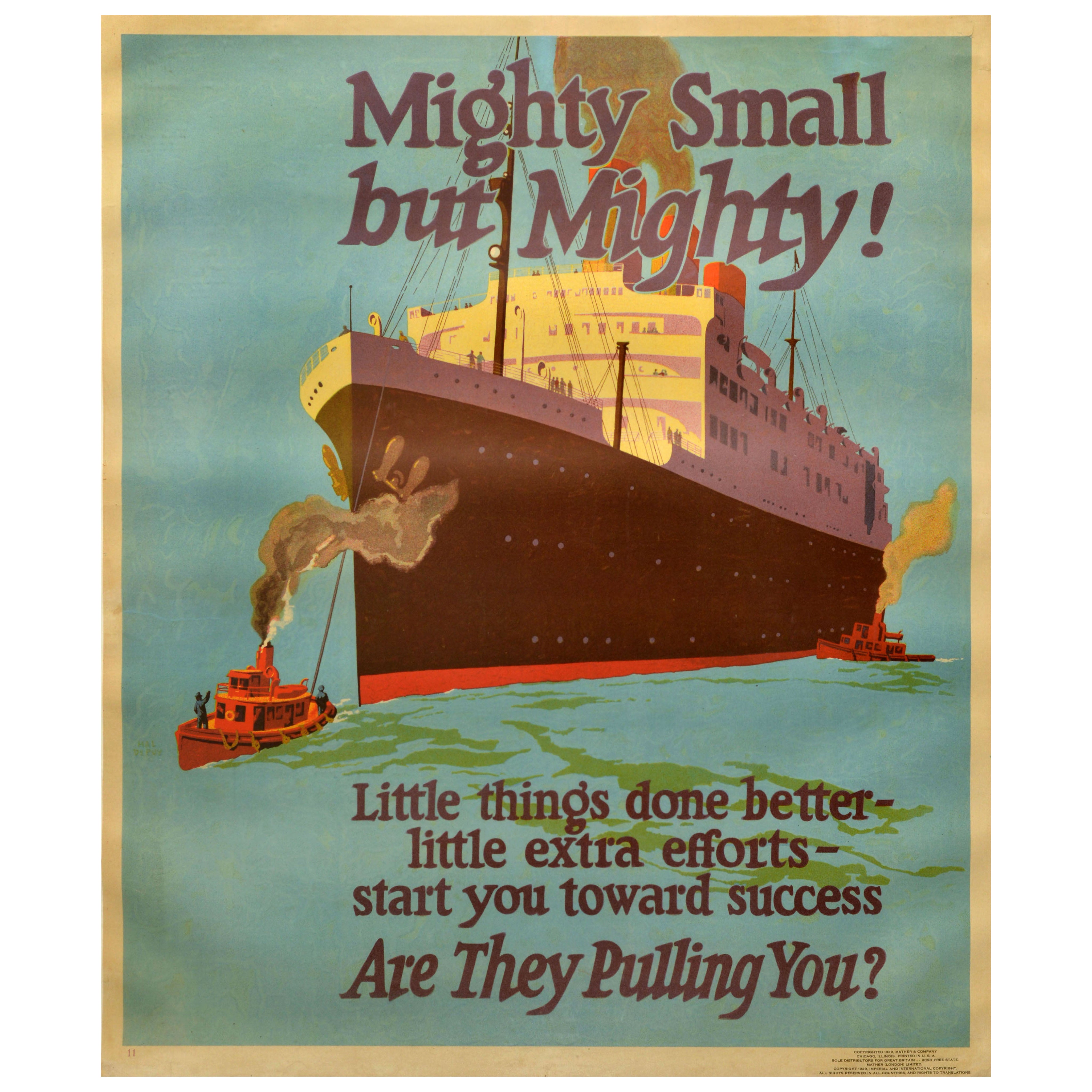 Original Vintage Workplace Motivational Poster Mighty Steam Ship Tugboat Success