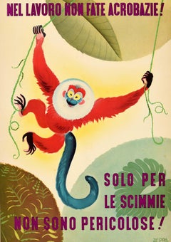 Original Vintage Workplace Safety Poster Work Acrobatics Monkey Italy Safety