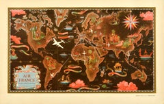Original Vintage World Map Poster Air France Planisphere Map Lucien Boucher
