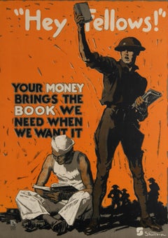 Original Vintage-Poster, Ein-Poster,  Hey Fellows, WWI, USA, Bcher, Soldaten, Design