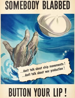 Poster originale d'epoca sulla guerra mondiale Somebody Blabbed Sailor WWII Button Your Lip